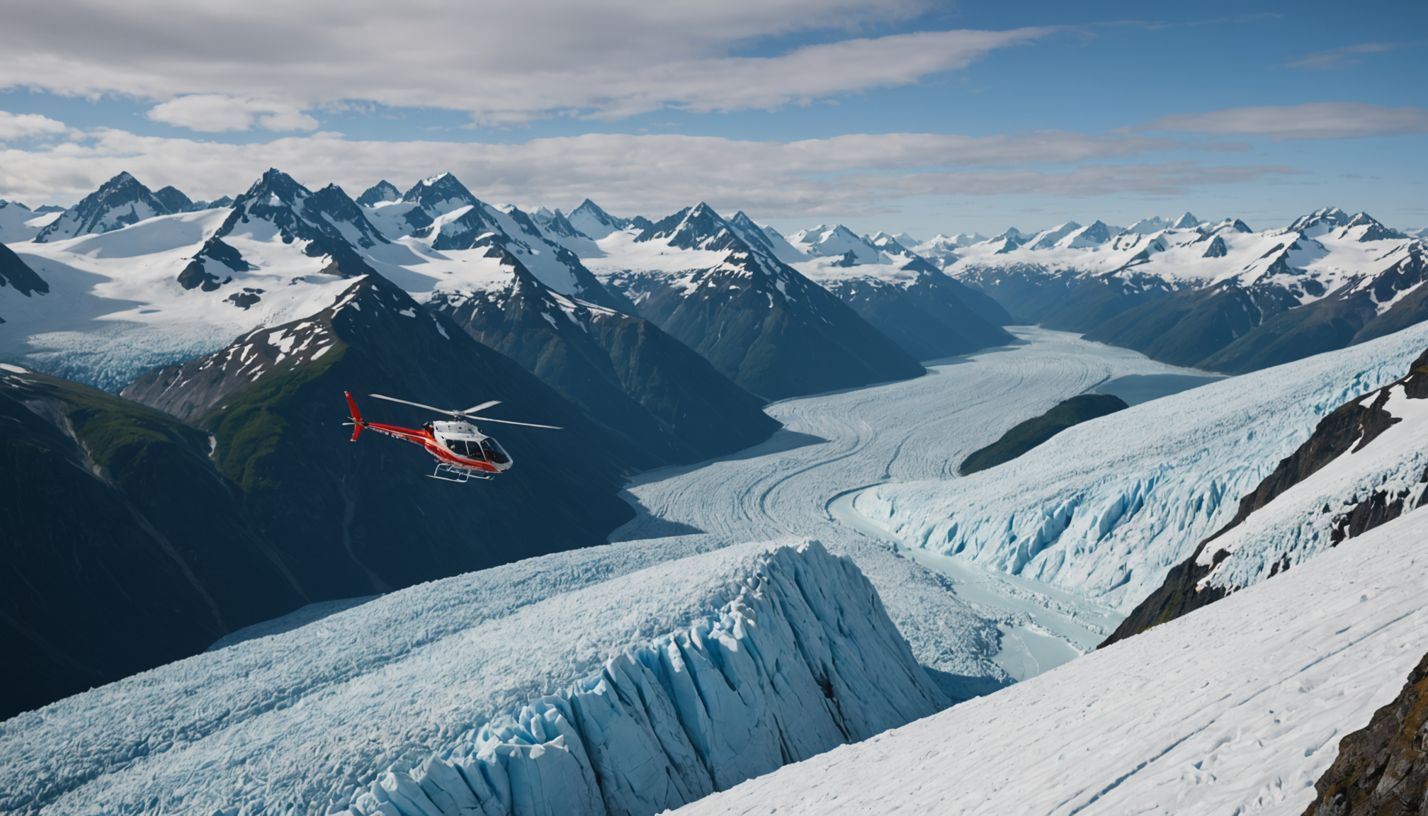 Helicopter flying over a glacier near Girdwood.