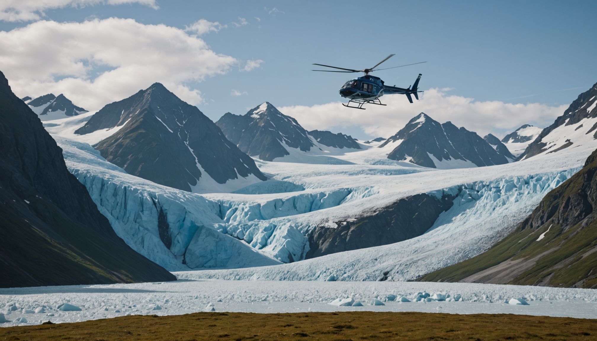 Helicopter landing near a glacier in Chugach Mountains