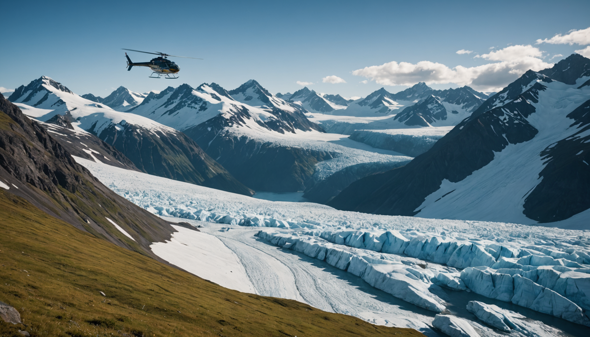 Helicopter above the snowy peaks of the Chugach Mountains