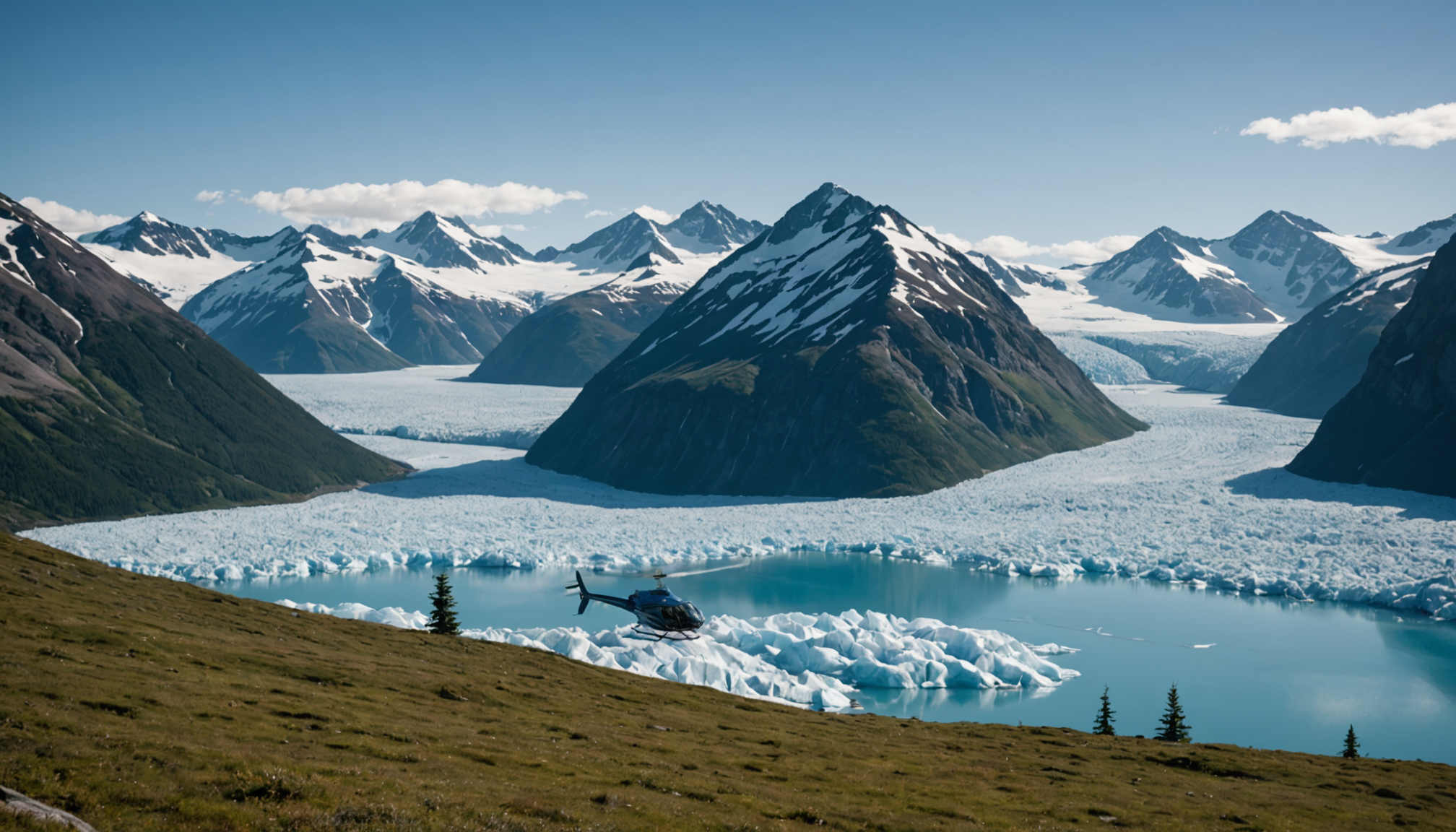 Helicopter landing near Lake George under clear skies