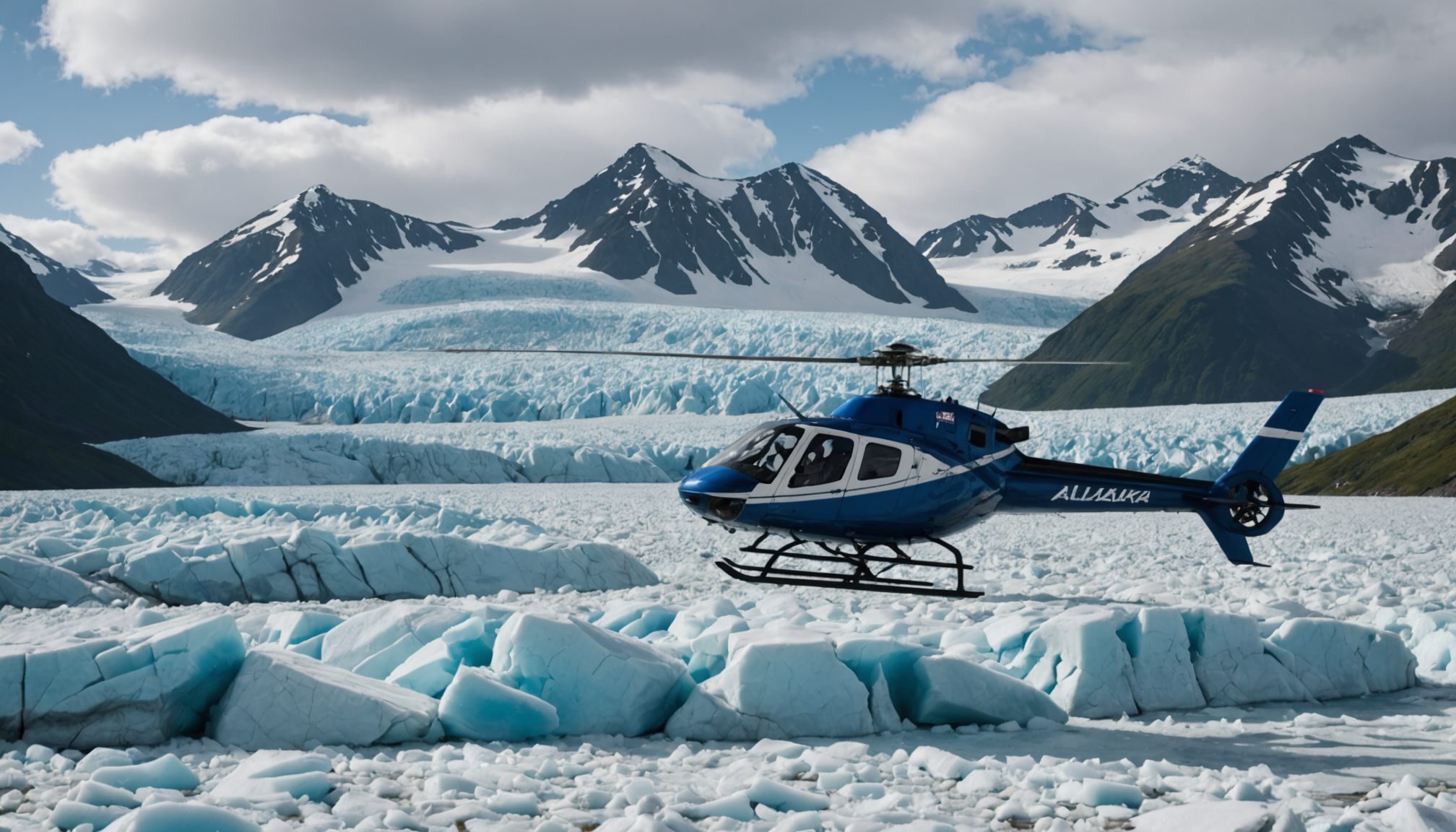 Helicopter landing on a glacier with tourists disembarking
