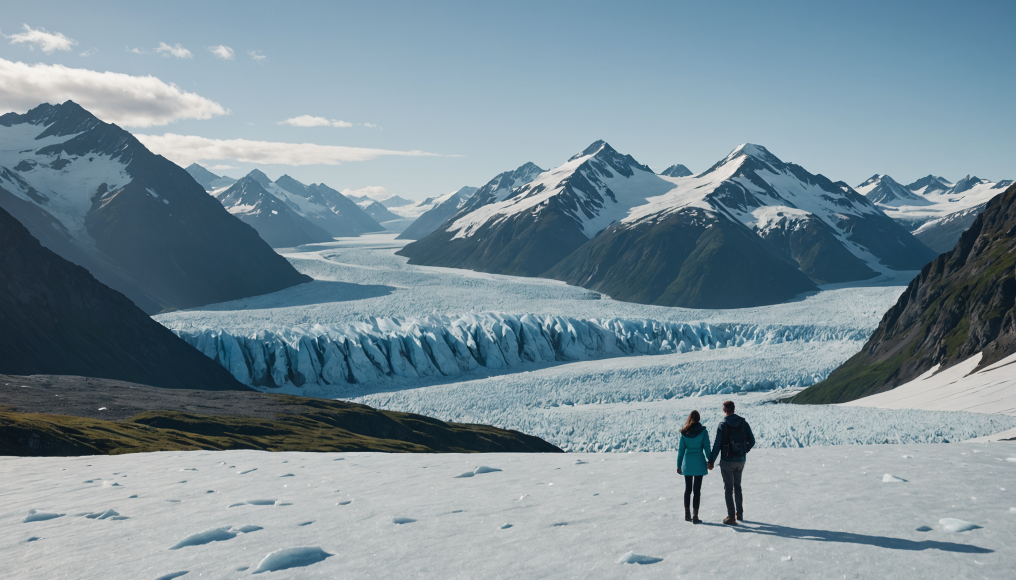Couple embracing on a glacier with helicopter in the background