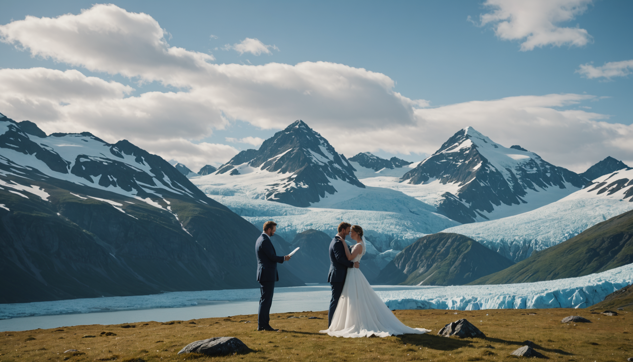 Couple exchanging vows in front of an Alaskan mountain range