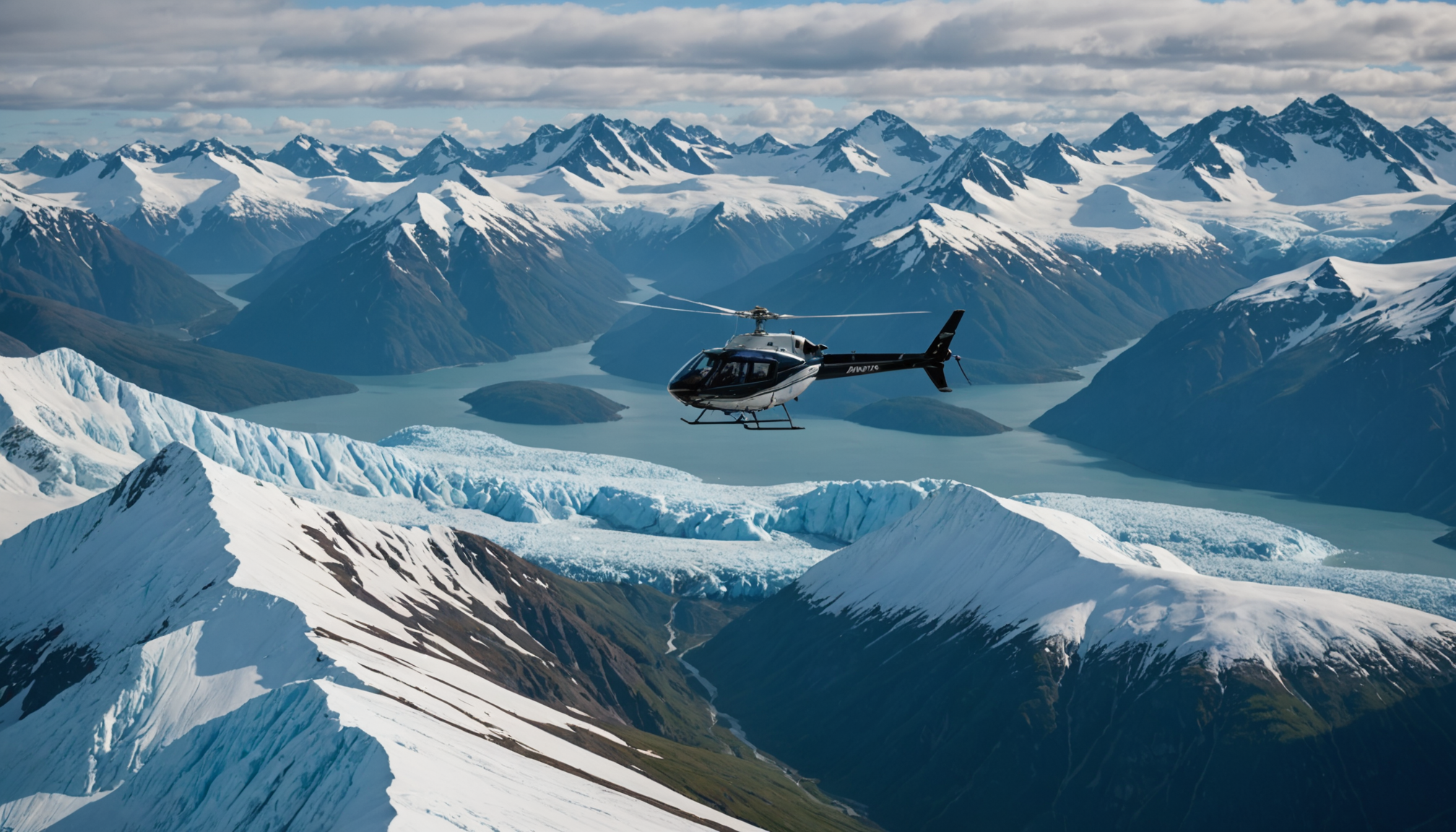 Helicopter flying over the Chugach Mountains with a couple inside