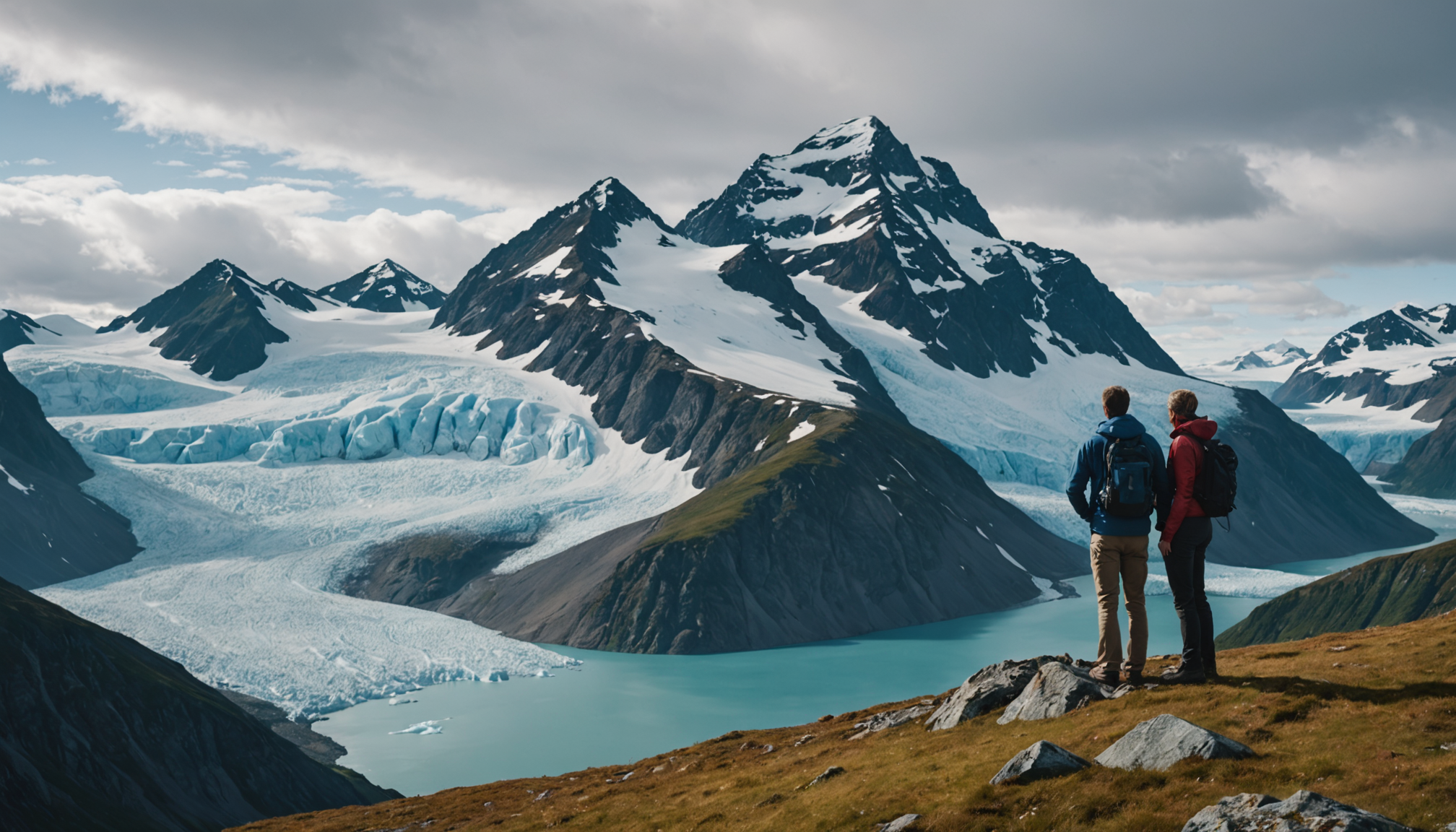 A couple standing on a mountain peak in Alaska, overlooking the vast wilderness