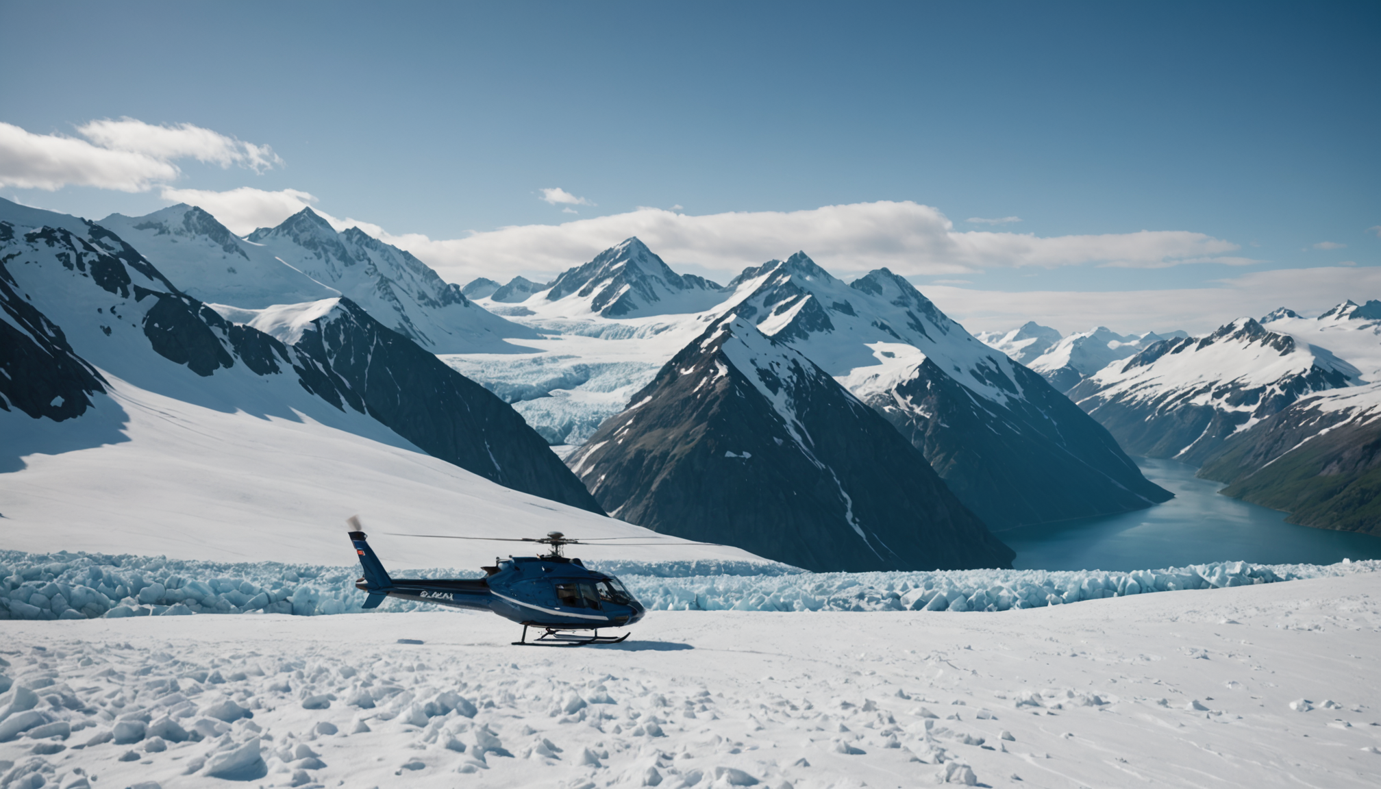 A helicopter landing on a snowy mountain peak, ready for an elopement ceremony.