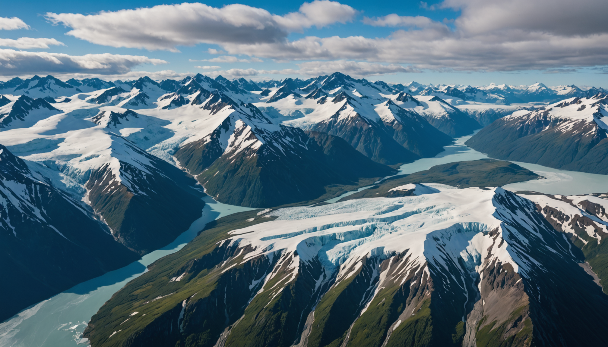 Aerial view of Chugach Mountains with light ice blue glaciers