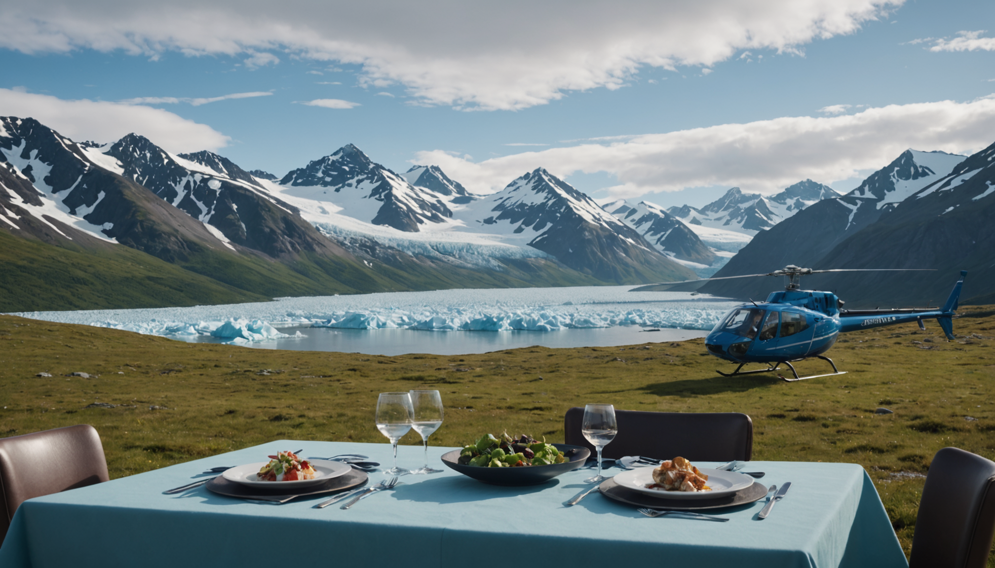 Dining setup with a view of the glaciers