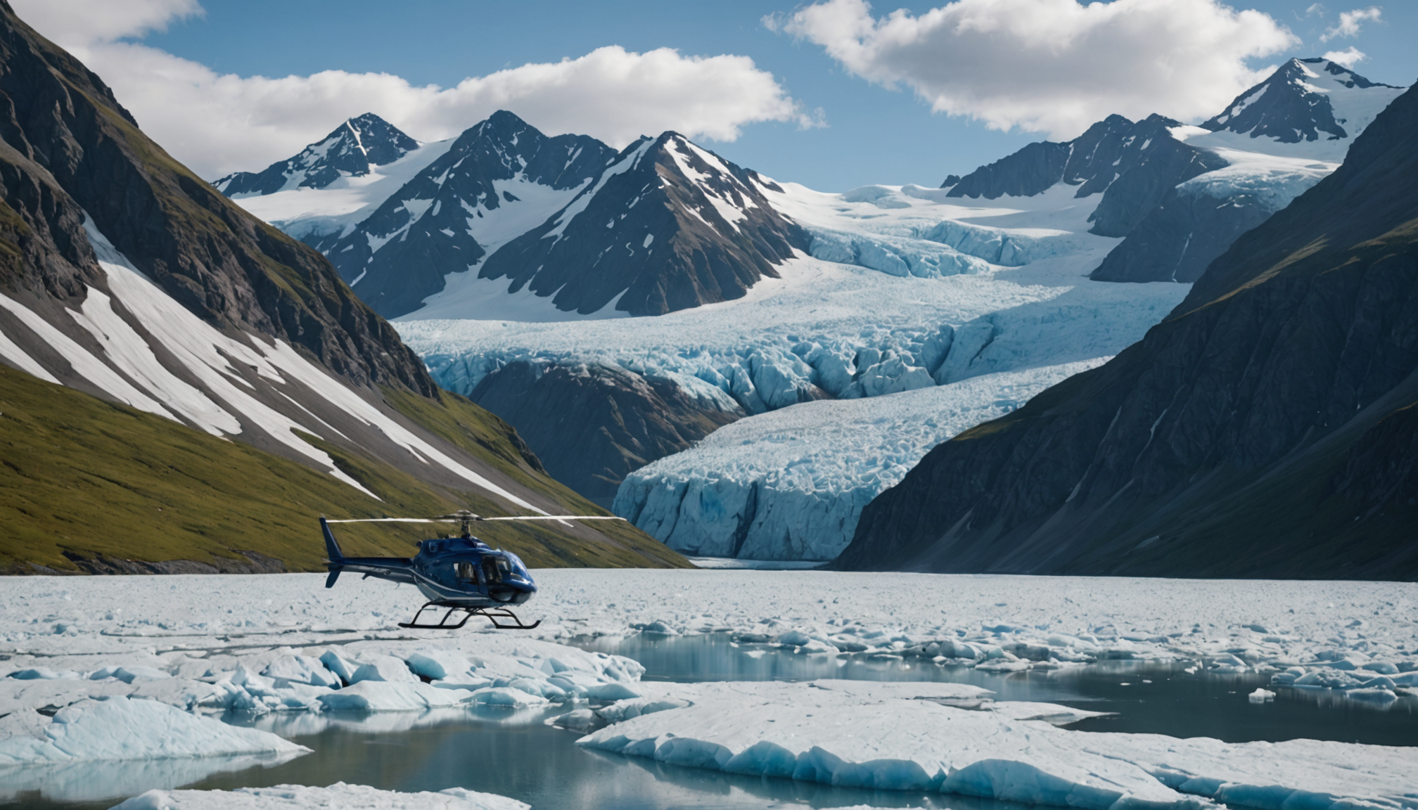 Helicopter landing near a glacier in Seward