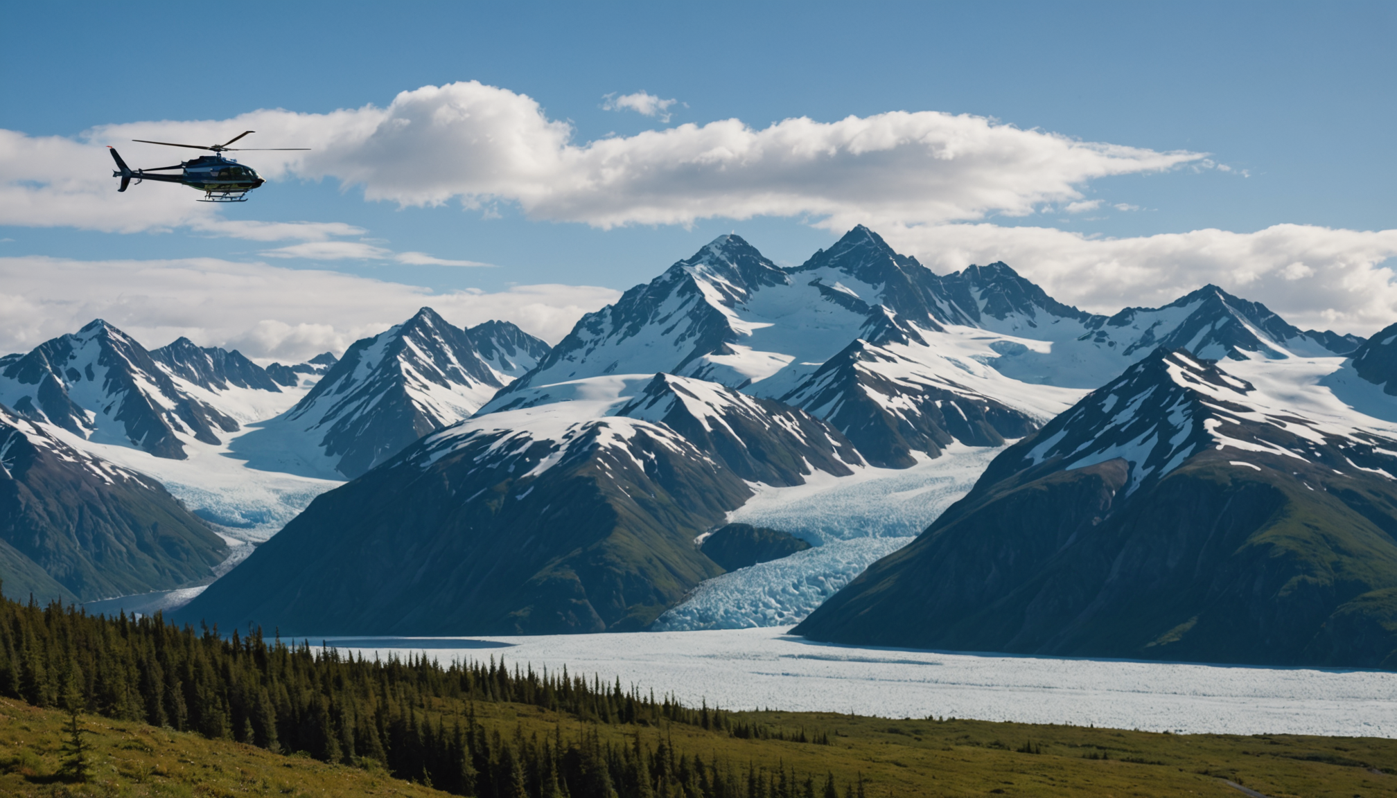 Helicopter flying over Chugach Mountains in winter