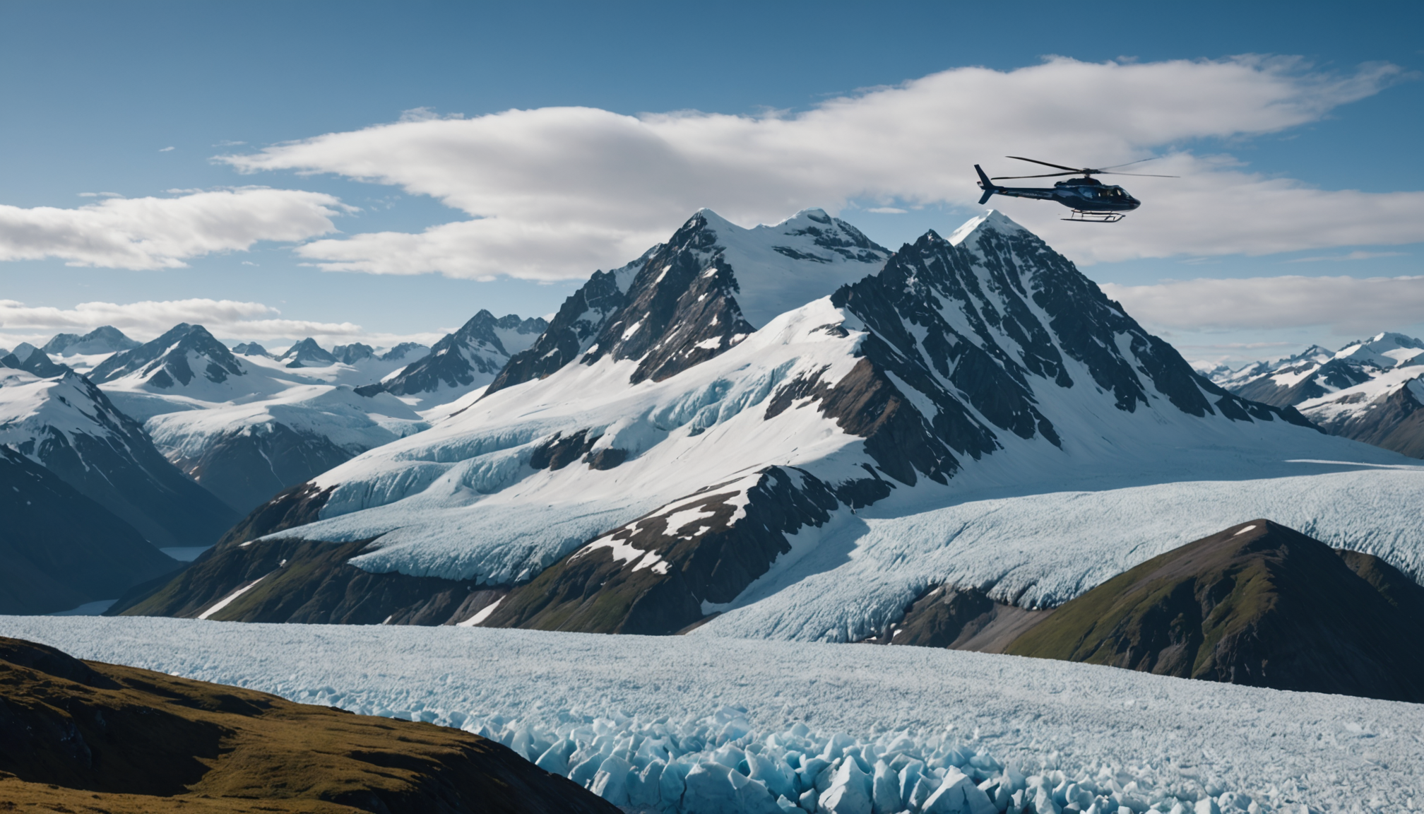 Helicopter landing on a snowy peak in the Chugach Mountains
