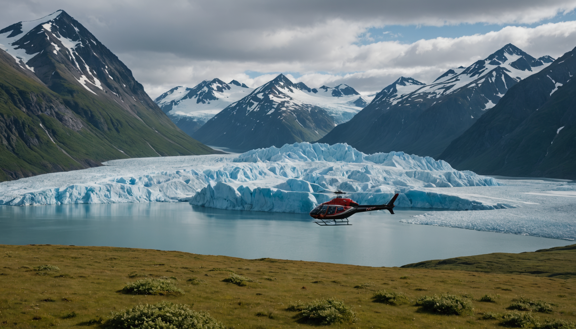 Helicopter landing near a glacier in Valdez, AK