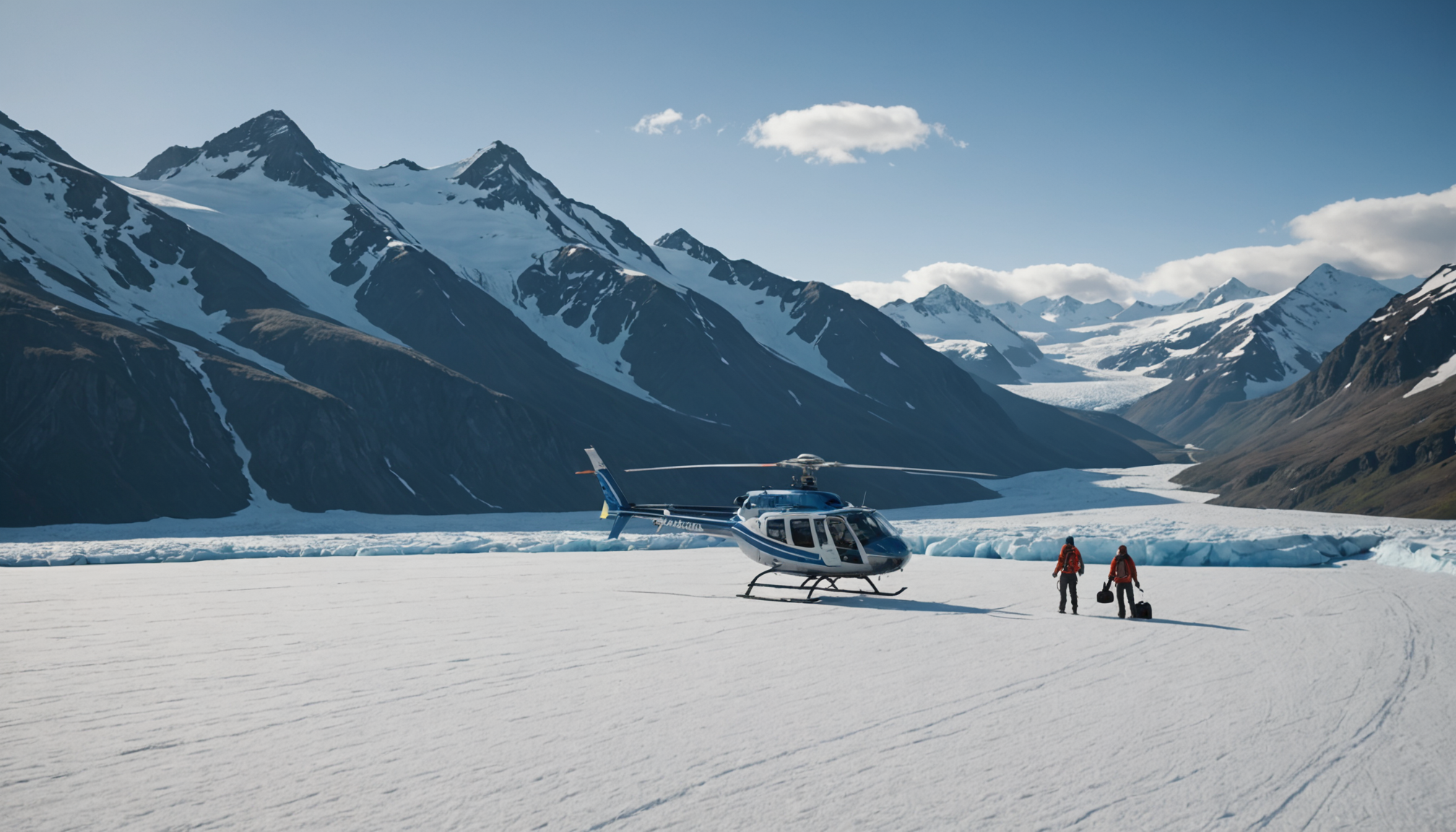 Passengers boarding a helicopter in the Mat-Su Valley