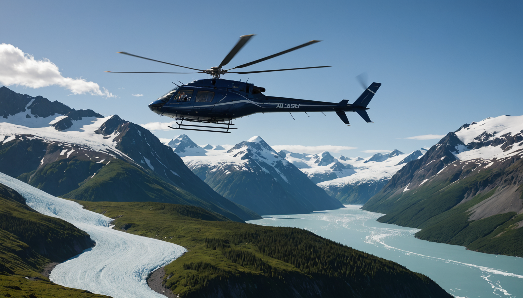 Helicopter flying over Prince William Sound