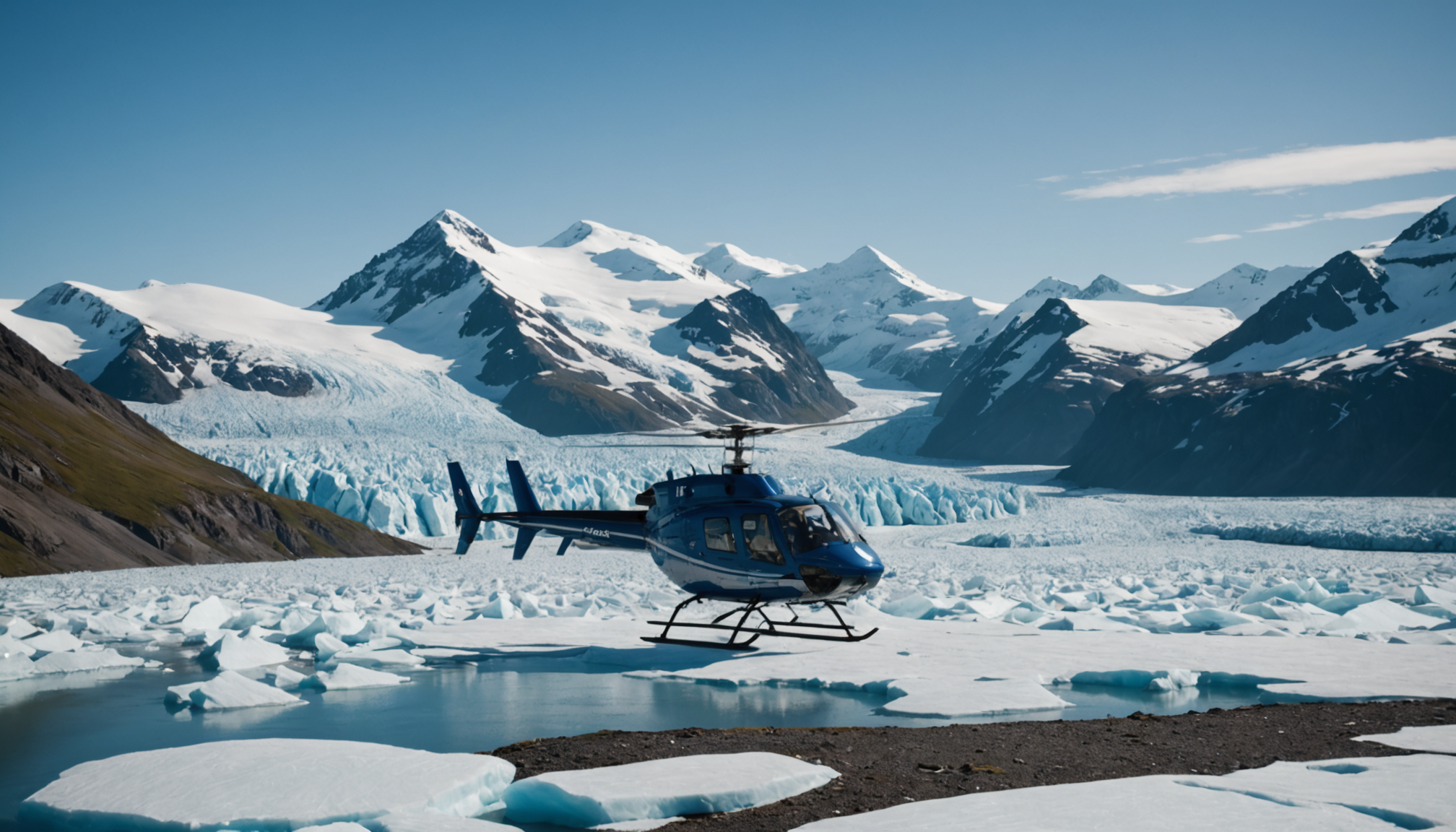 Helicopter landing on a glacier near Seward