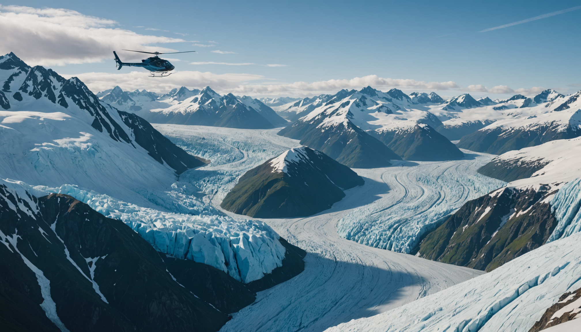 Helicopter flying over Knik Glacier with vibrant Alaskan sunset in the background.