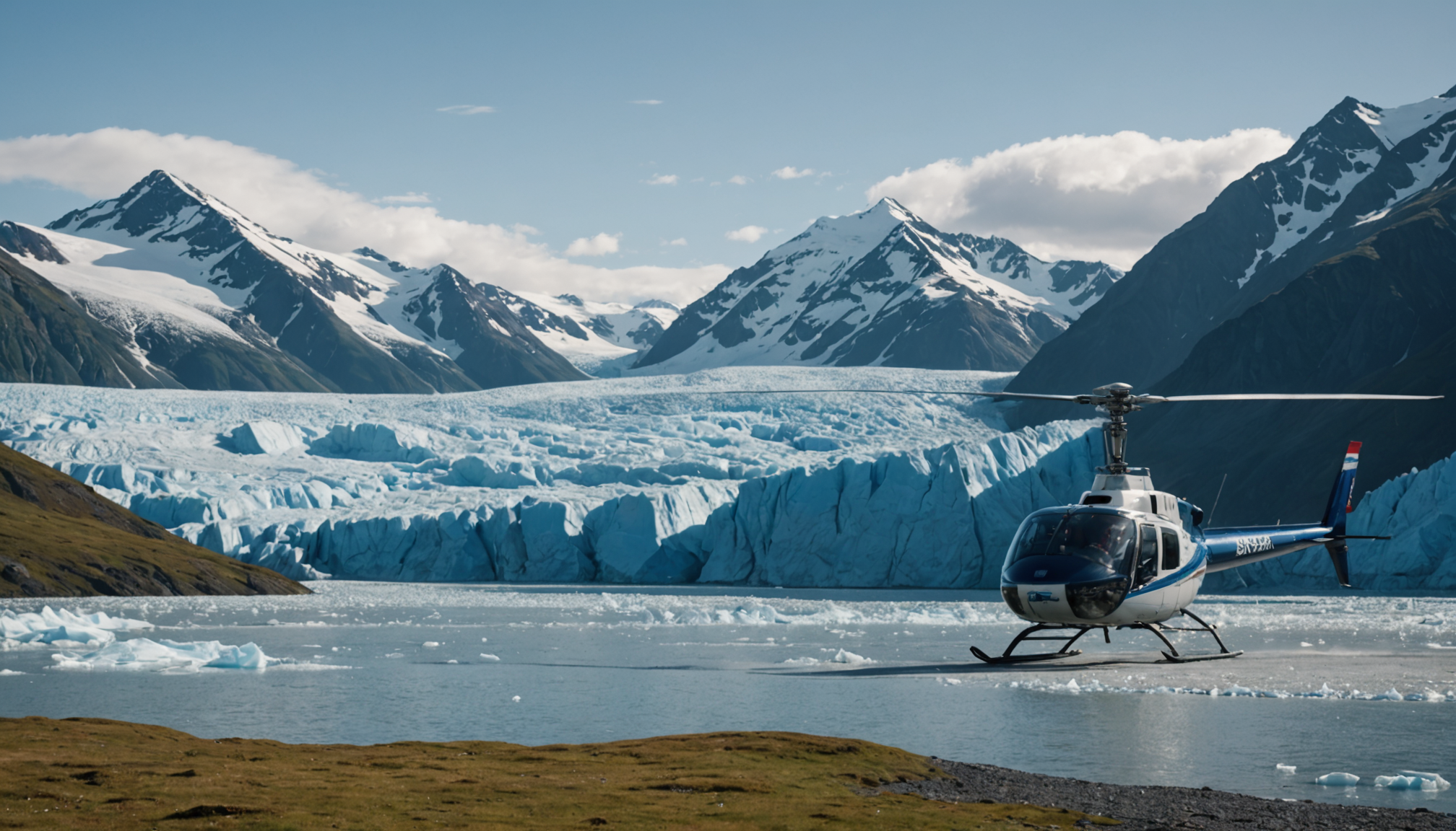 Helicopter landing on a glacier in Prince William Sound