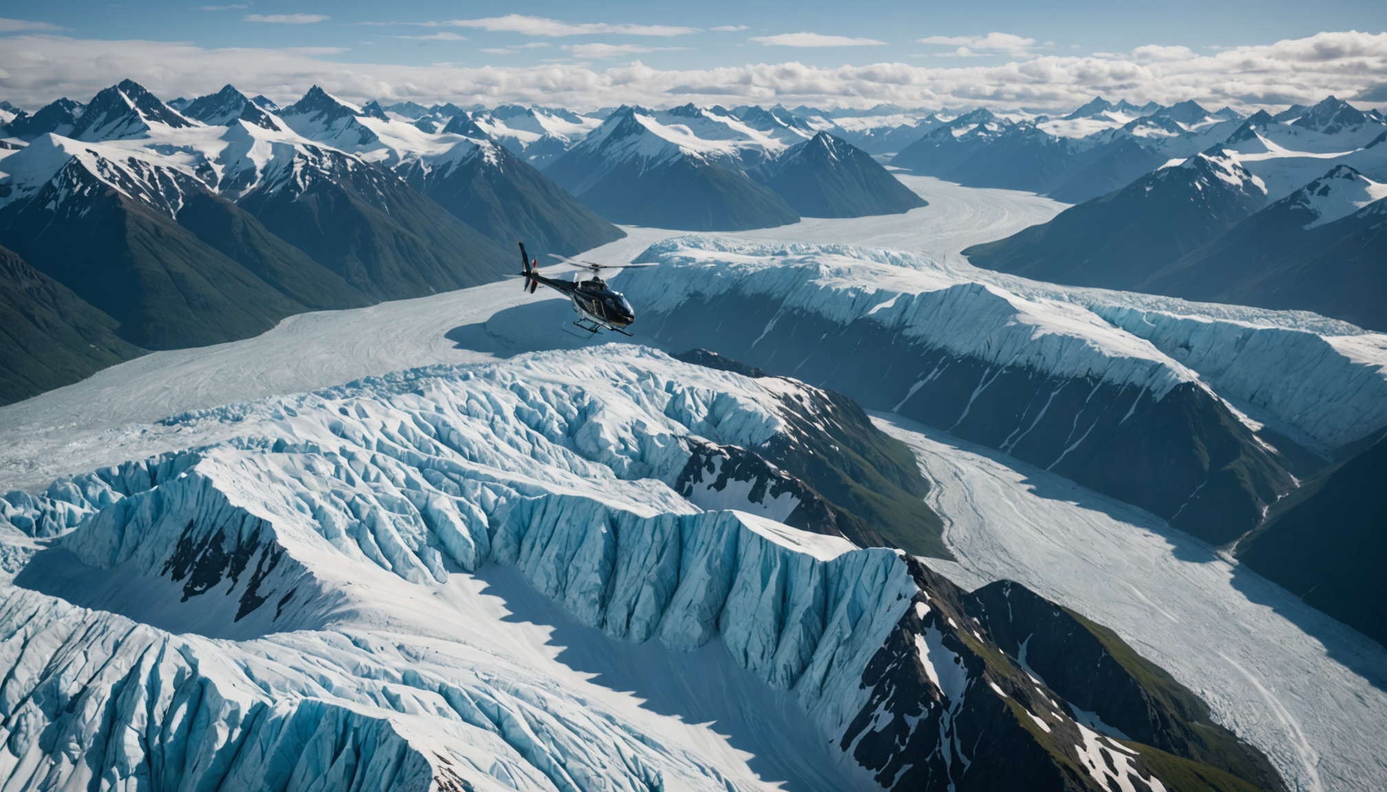 Helicopter flying over Knik Glacier with snow-covered peaks in the background