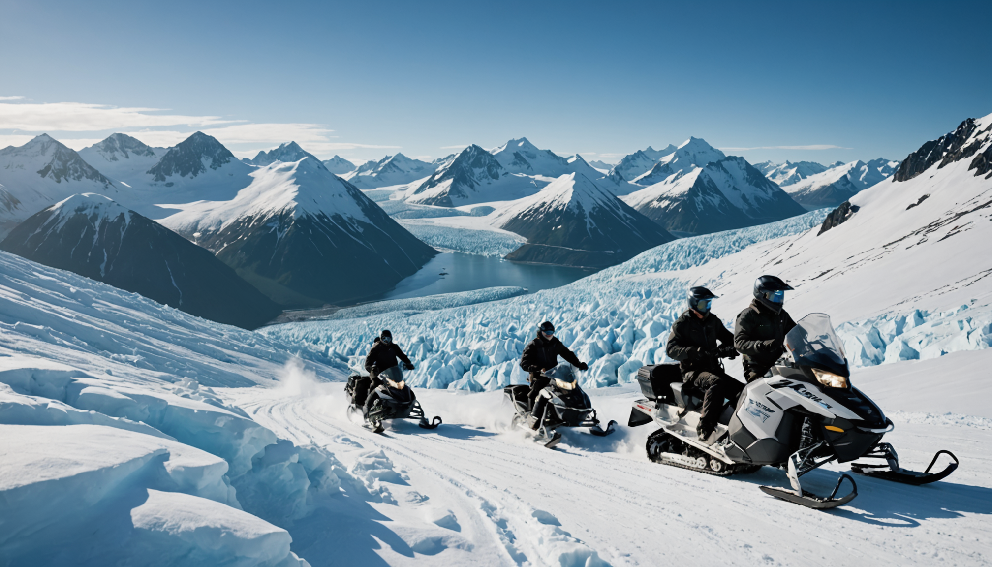 Snowmobilers at the base of a glacier near Girdwood