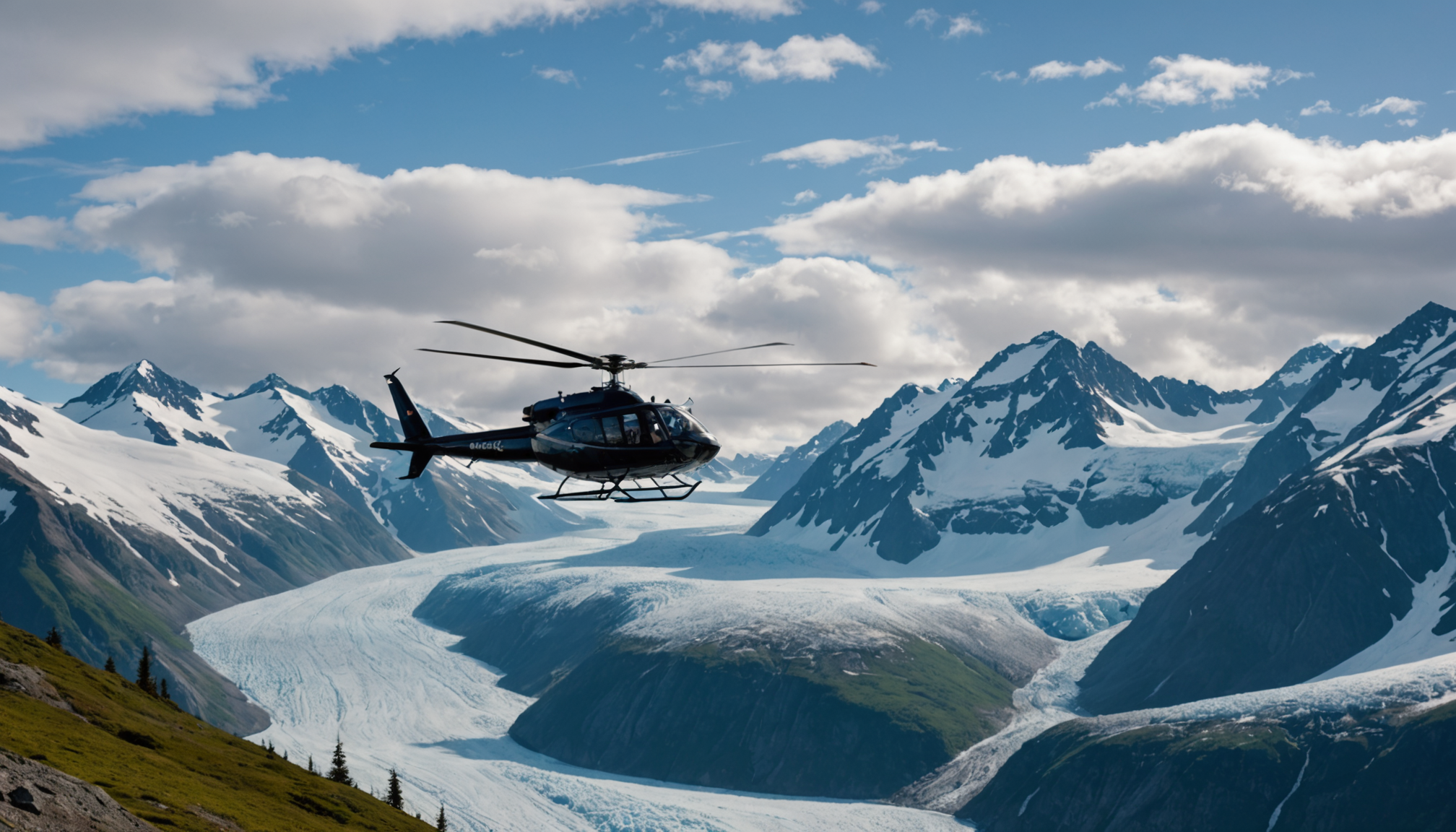 Helicopter flying over the Chugach Mountains