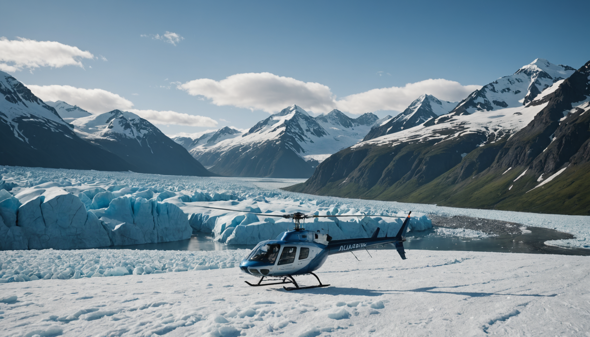 Helicopter landing on a glacier with a panoramic view of mountains