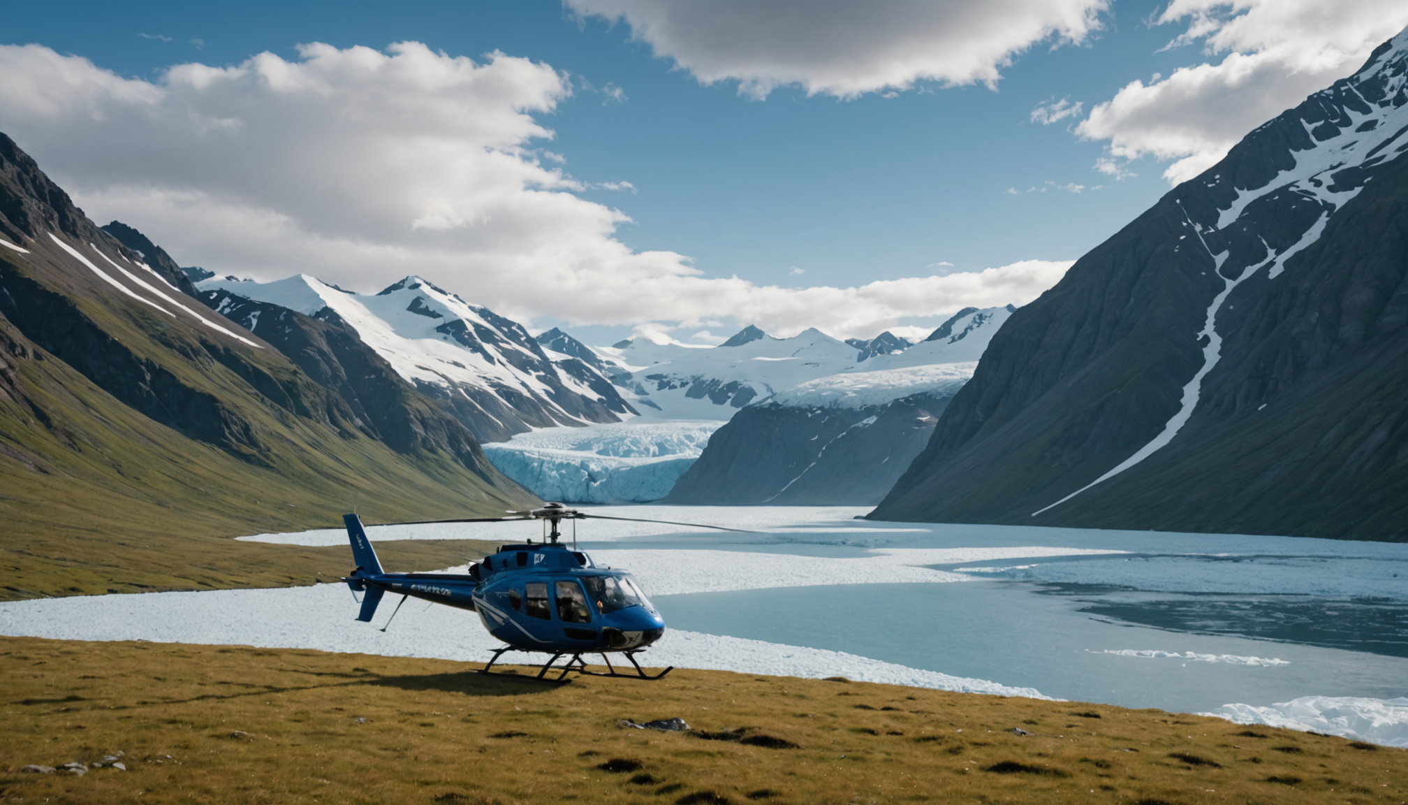 Helicopter landing near a remote cabin with a digital nomad setting up a workspace