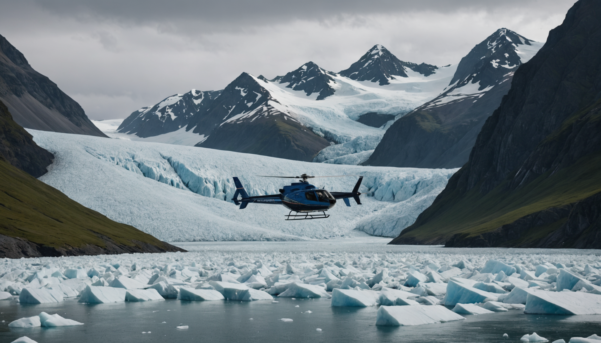 Helicopter landing near a glacier in the Chugach Mountains, Alaska.