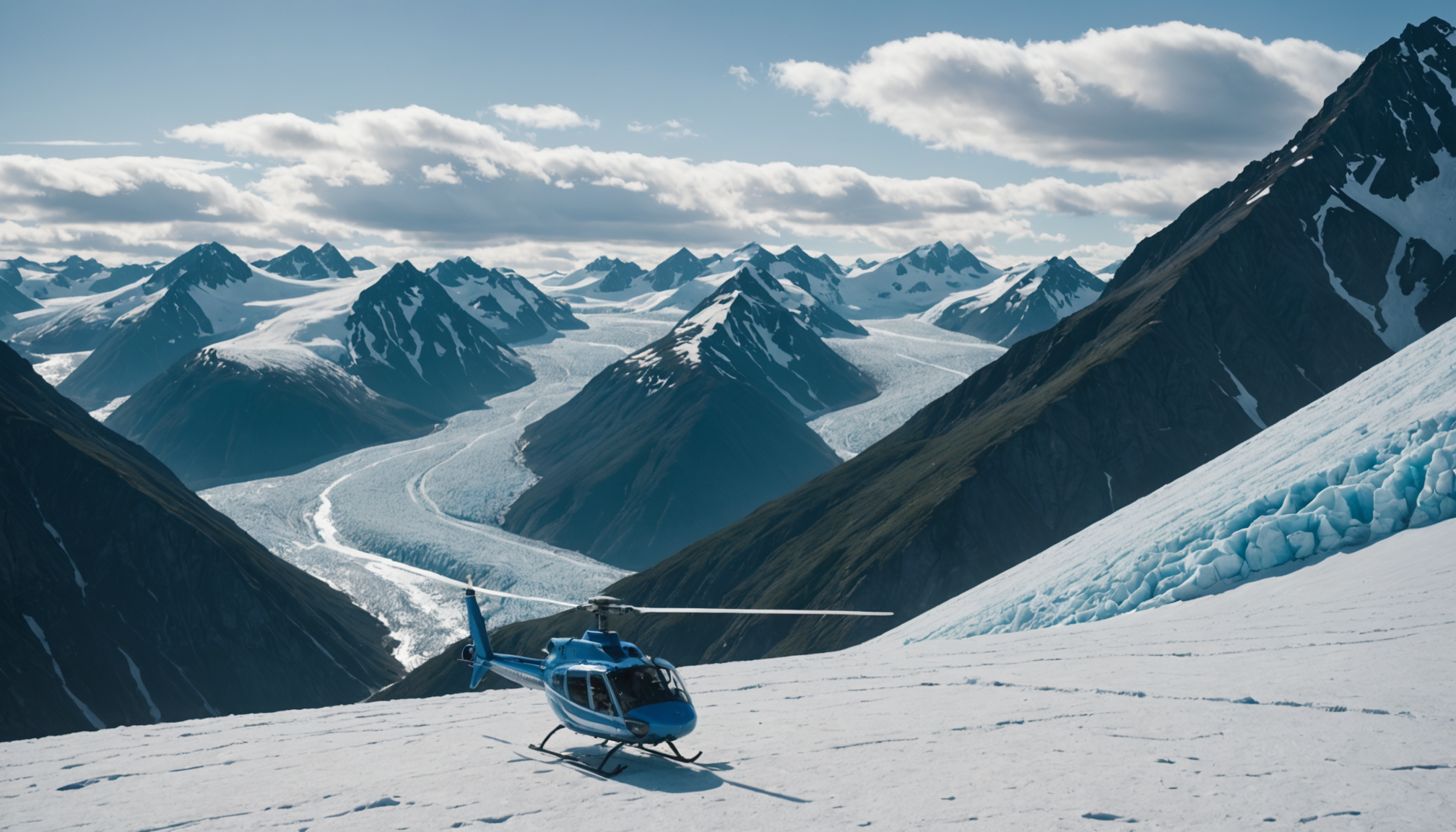 Helicopter landing on a glacier with panoramic Alaskan views