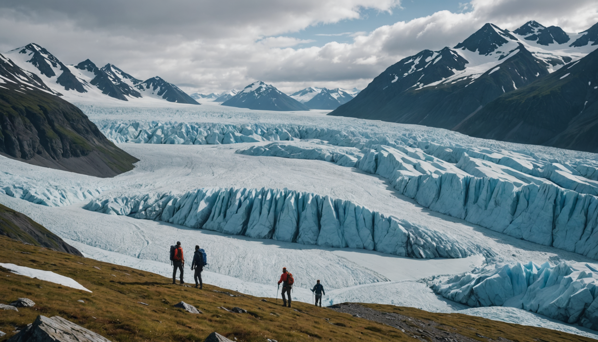View of hikers exploring a glacier in the Chugach Range