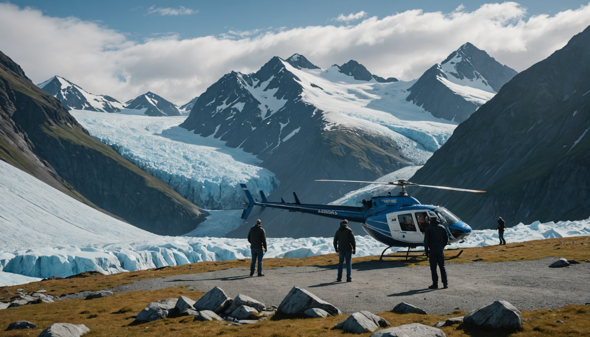 Tourists preparing for a helicopter flight with snow-capped mountains in the background