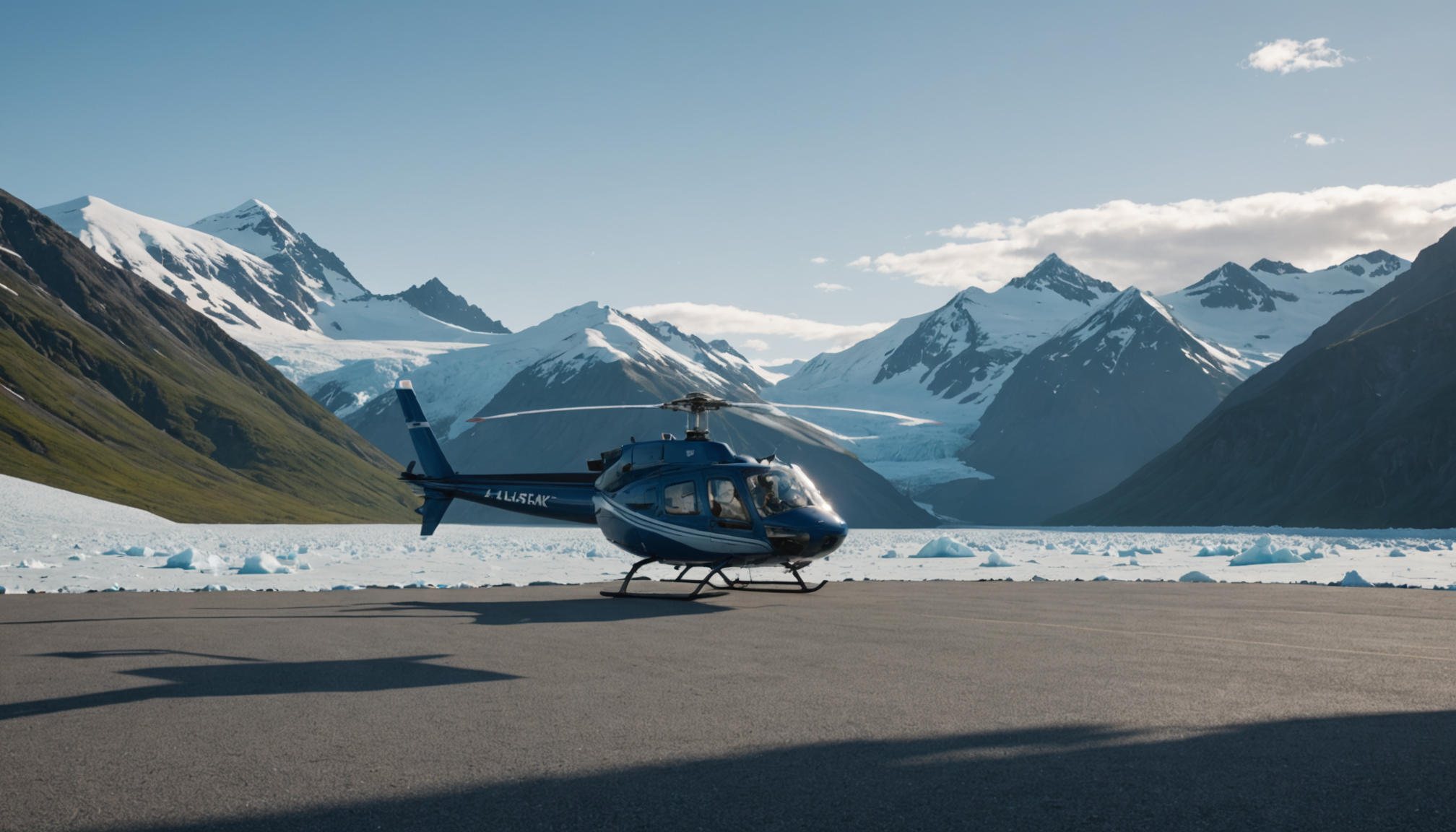 Helicopter parked in front of the Chugach Mountains