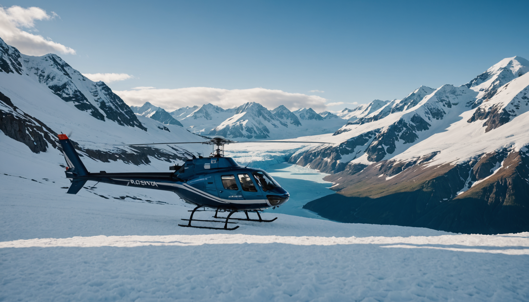 Helicopter landing on a snow-covered peak in the Chugach Mountains