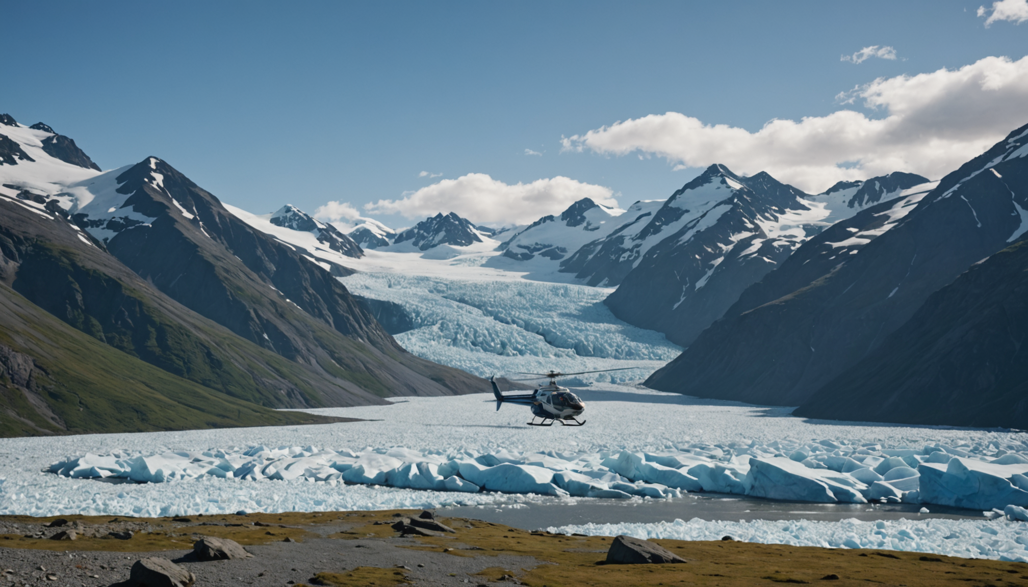 Helicopter landing on an Alaska glacier