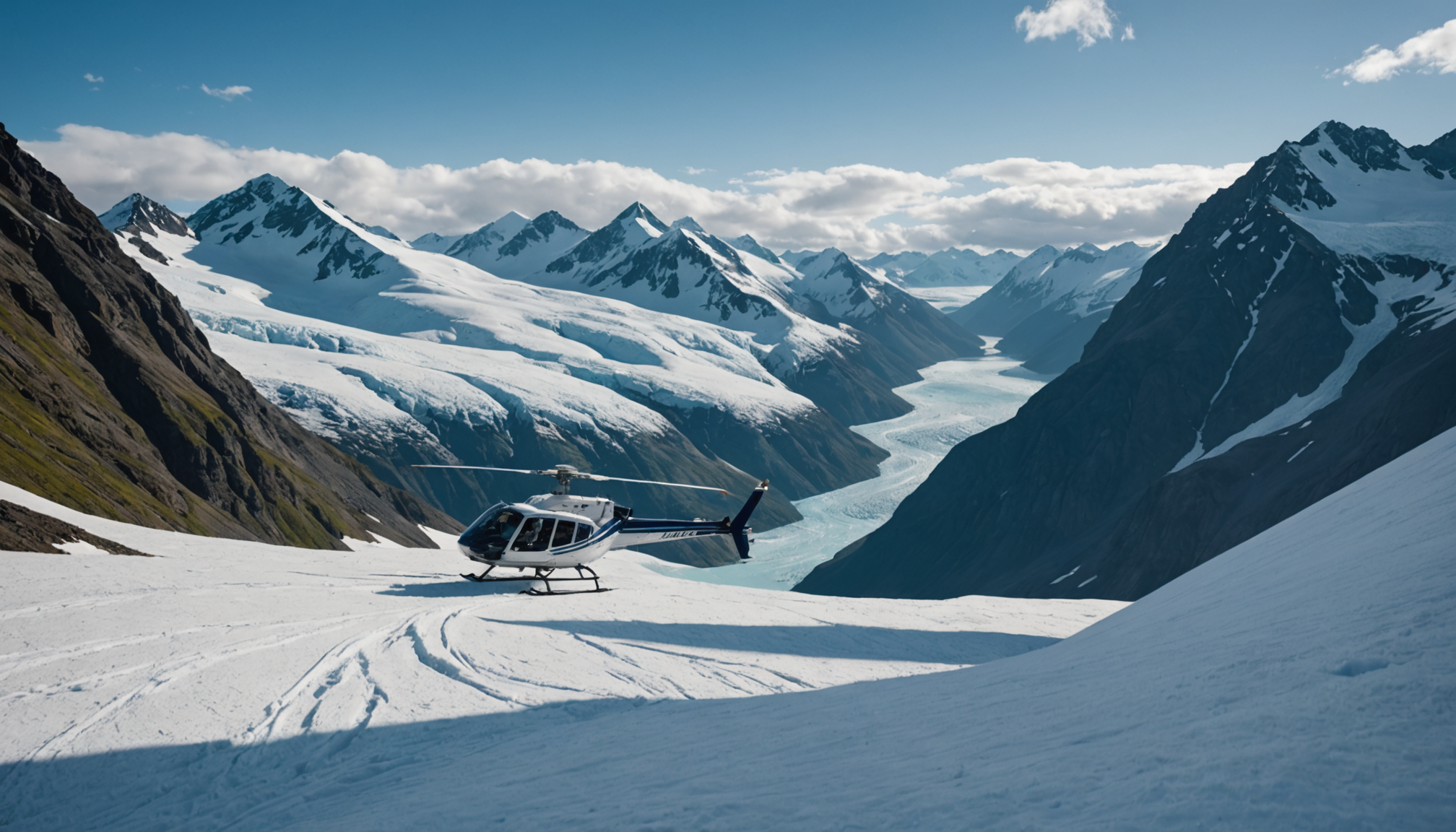 Helicopter landing on a snowy peak