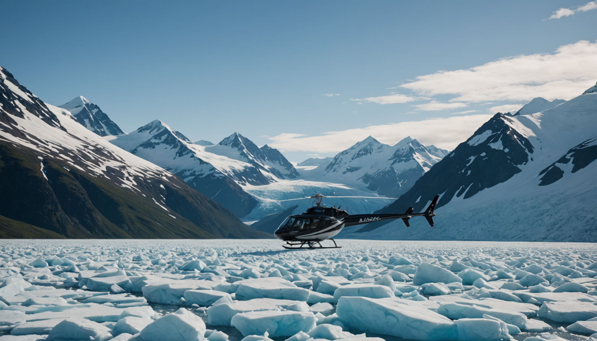 Helicopter landing near an Alaskan glacier