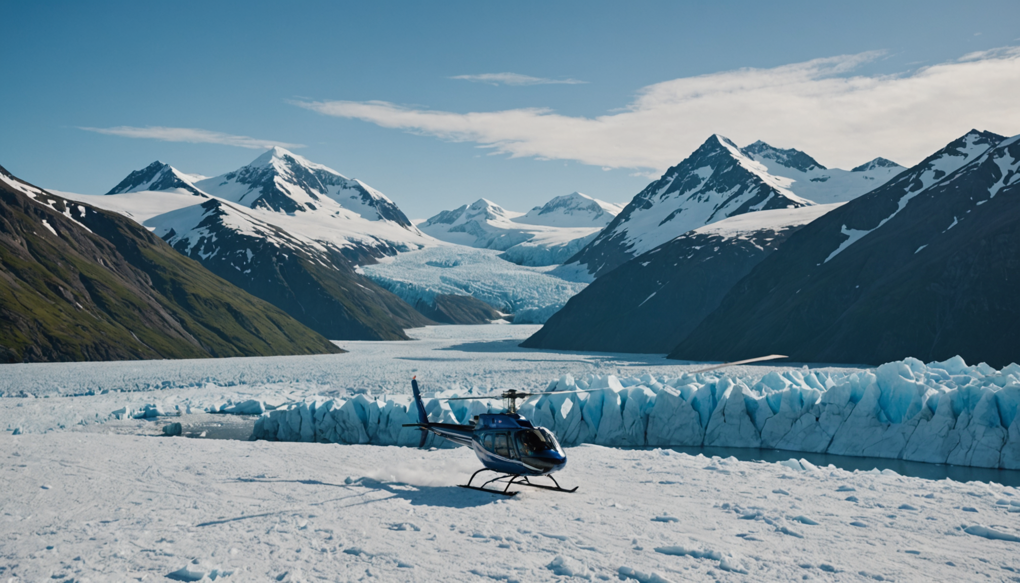 Helicopter landing near a glacier in Alaska
