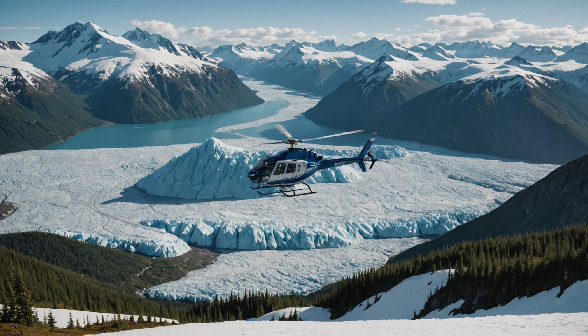 Helicopter landing on snow-covered terrain in Alaska