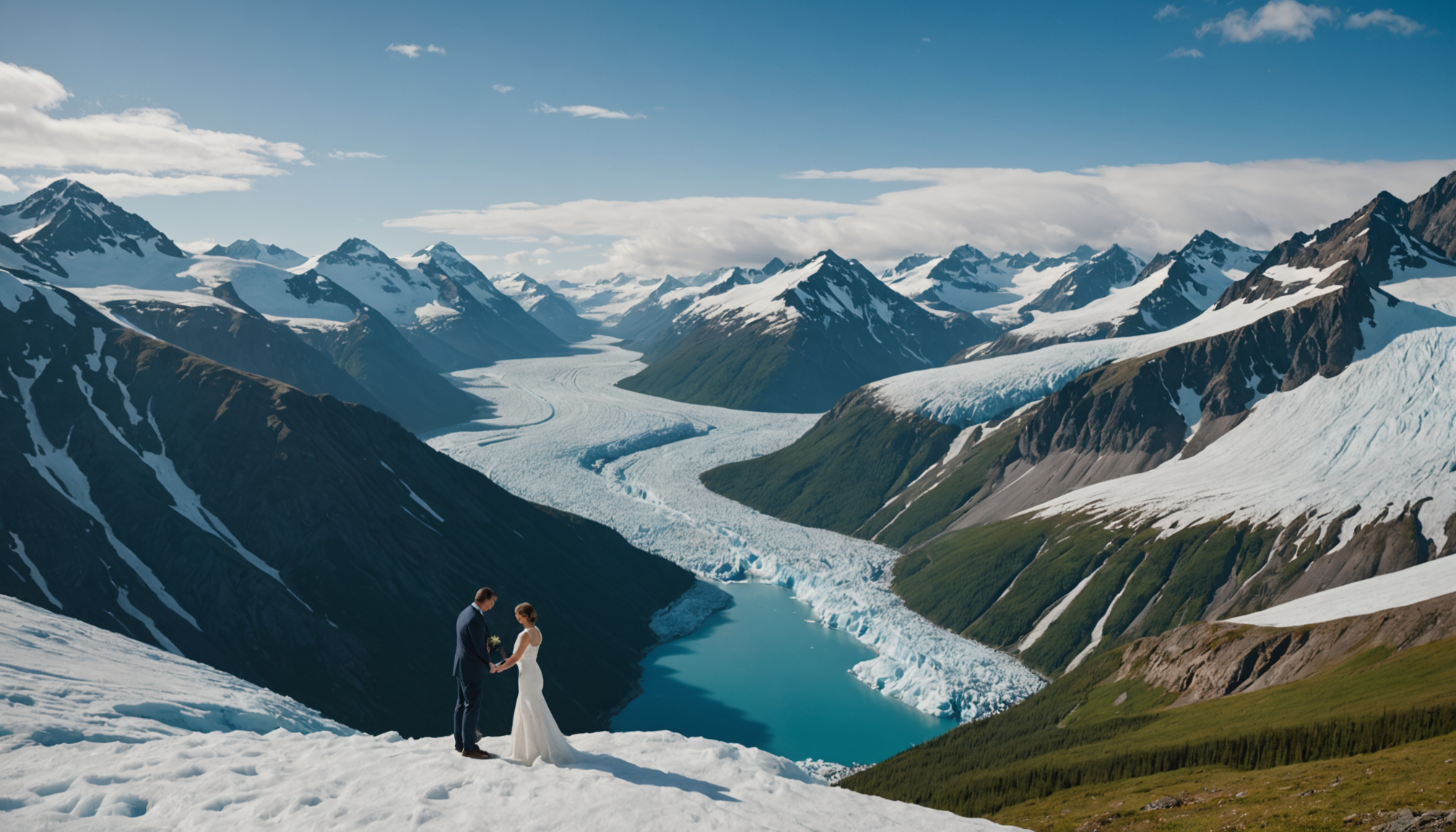 A couple exchanging vows with Alaskan mountains in the background