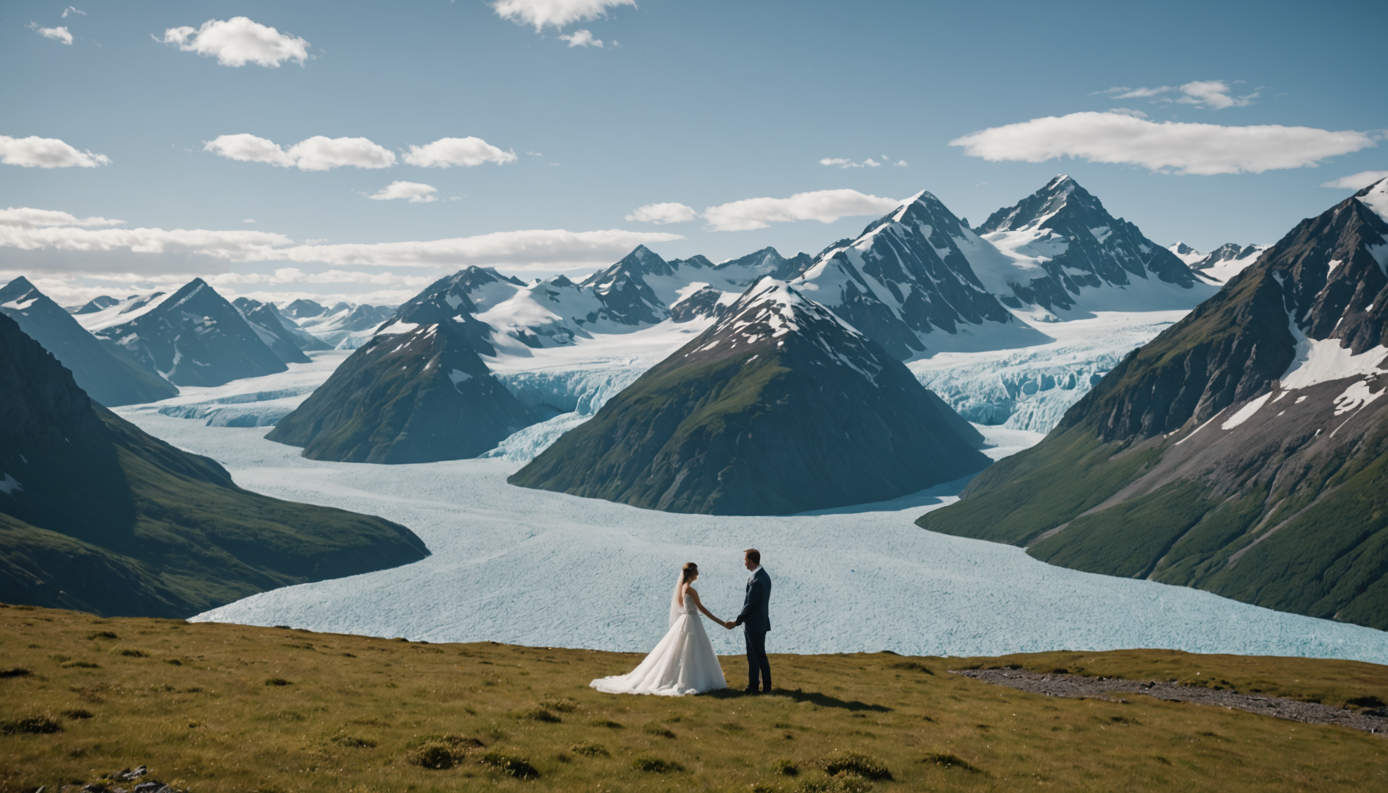 Couple exchanging vows with a panoramic view of the Chugach Mountains in the background.