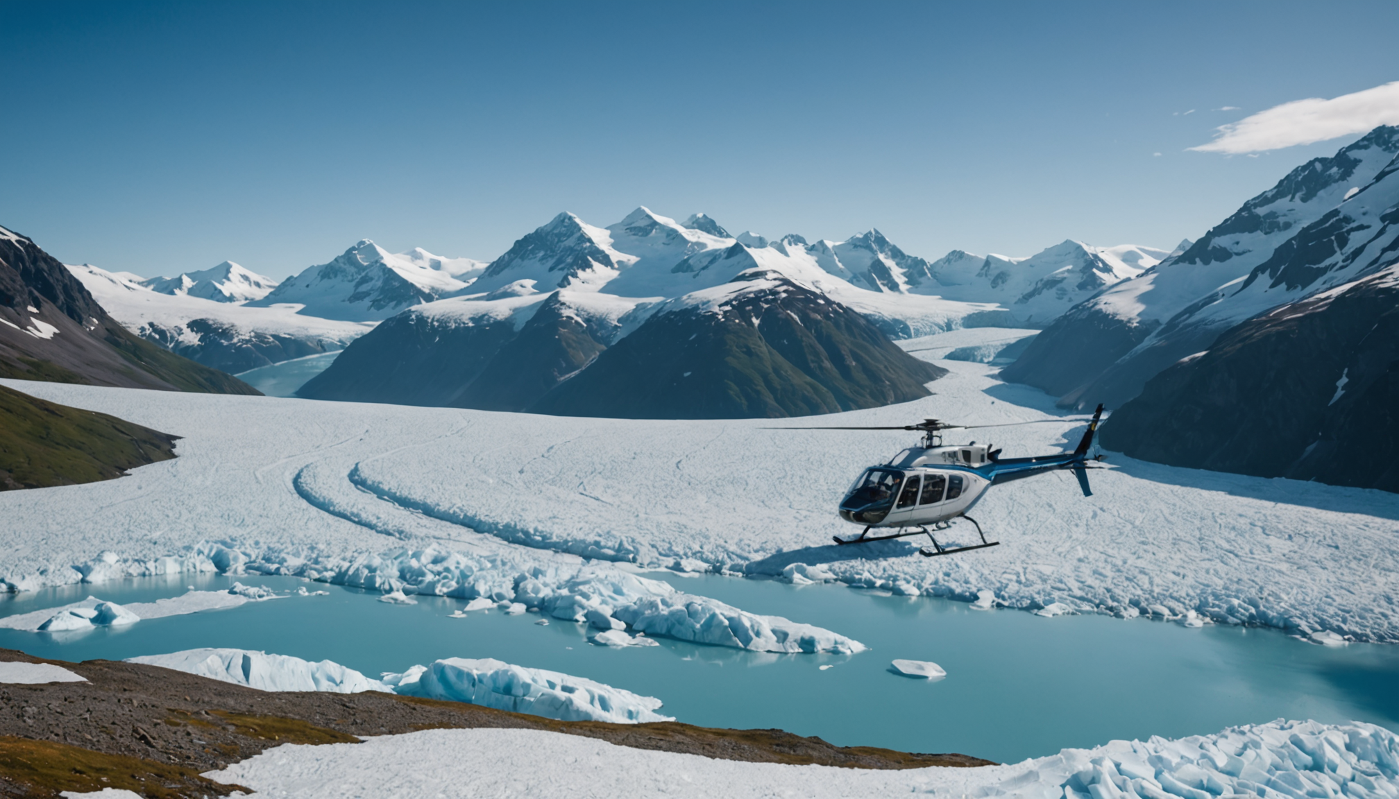 Helicopter landing on a glacier with a wedding party