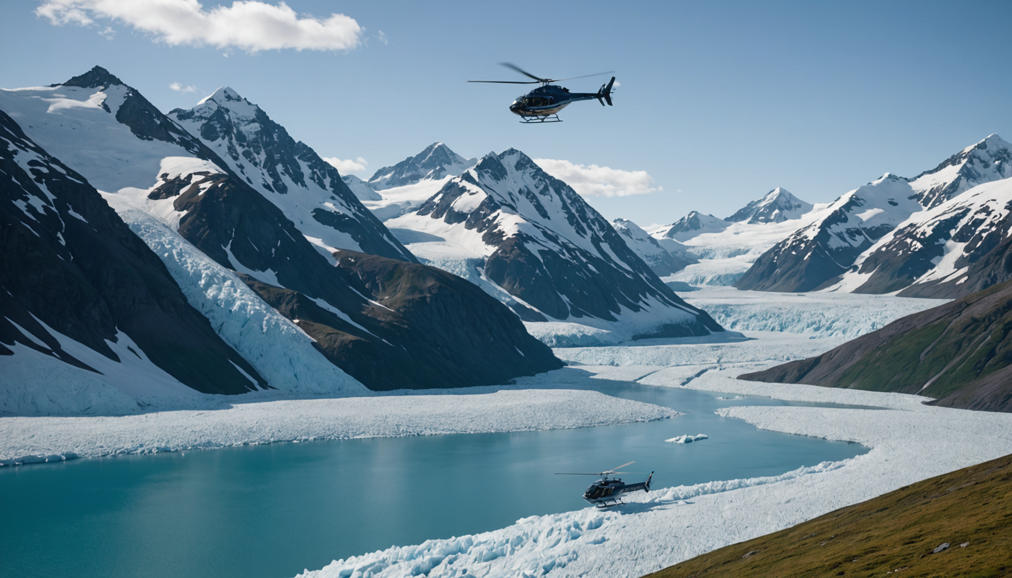 A helicopter flying over the Chugach Mountains