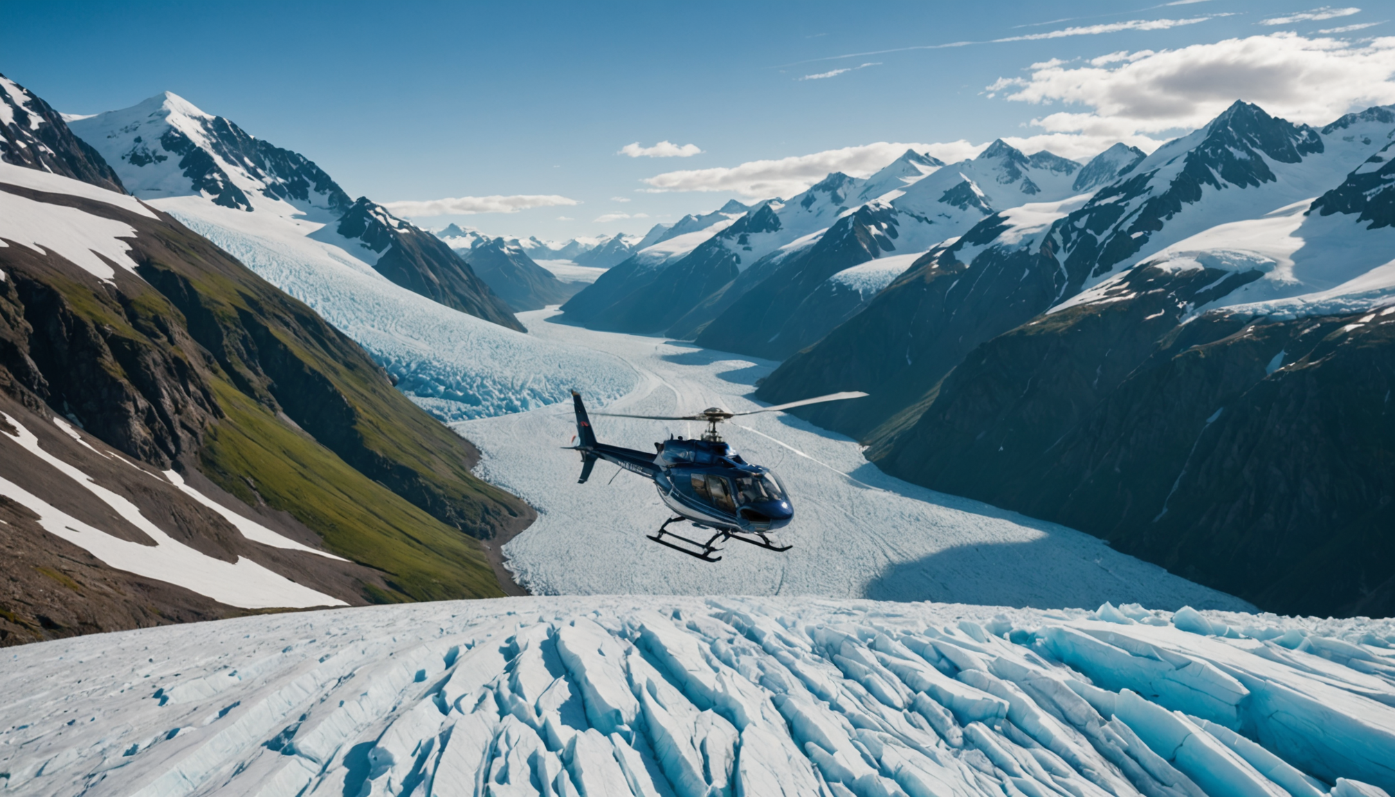 Helicopter flying over Explorer Glacier in Alaska