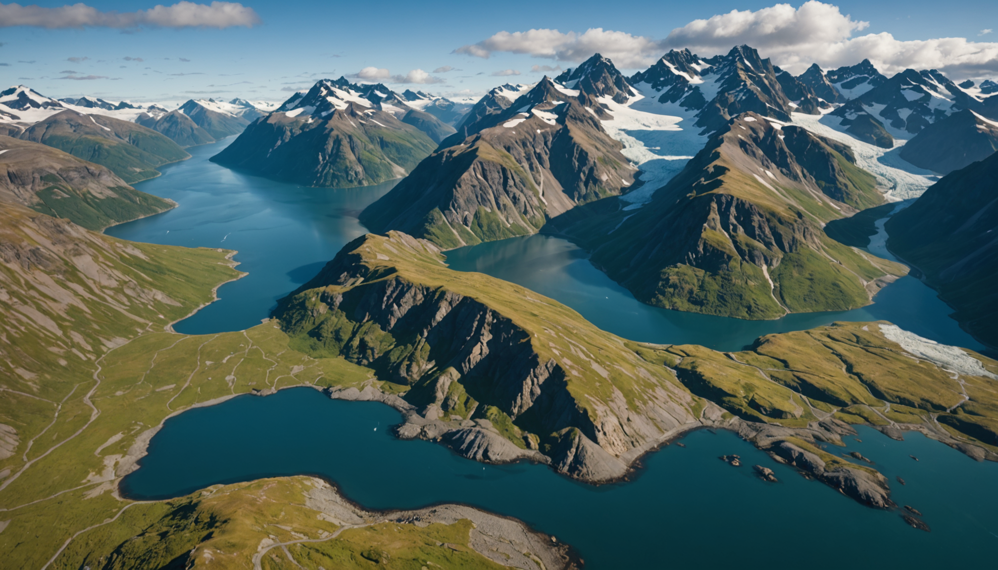 Aerial view of Dutch Harbor with rugged coastline and lush greenery