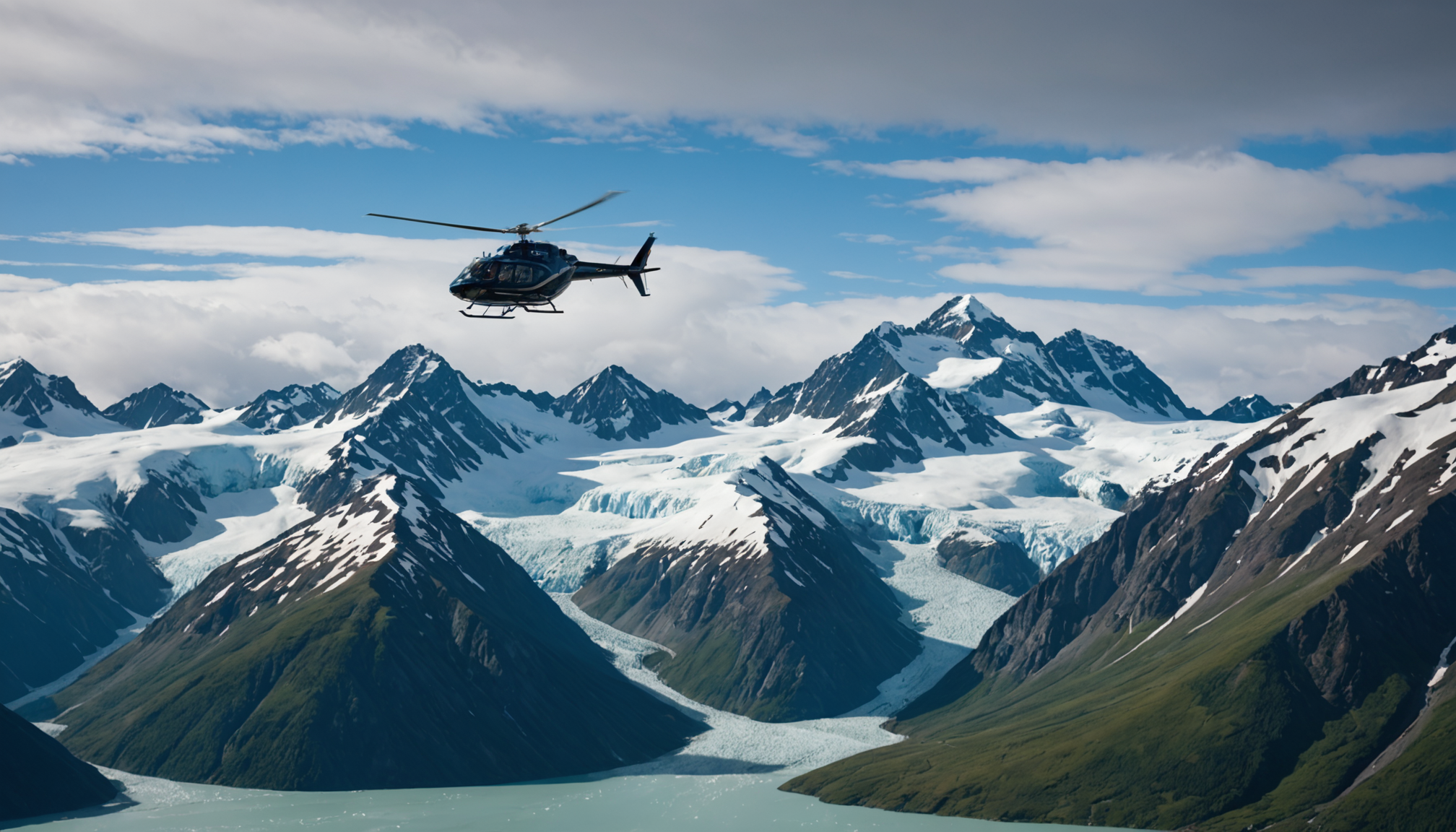 Heli Alaska helicopter flying over Knik Glacier