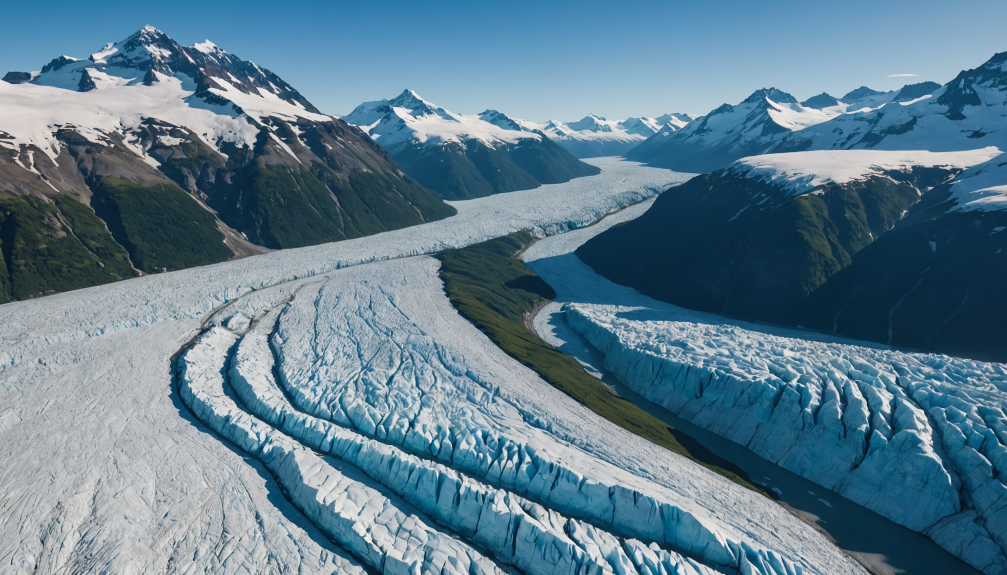 Aerial view of Columbia Glacier with helicopter in foreground
