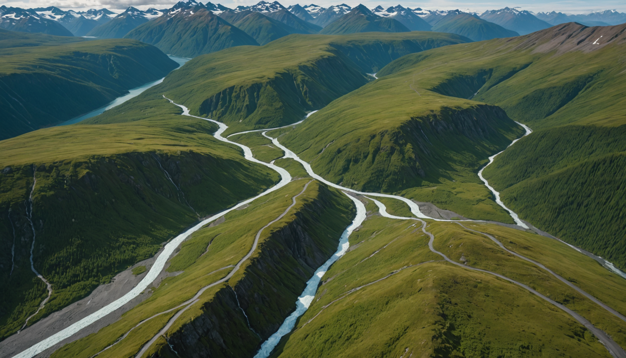 Aerial view of a trail in Valdez, Alaska surrounded by lush greenery.