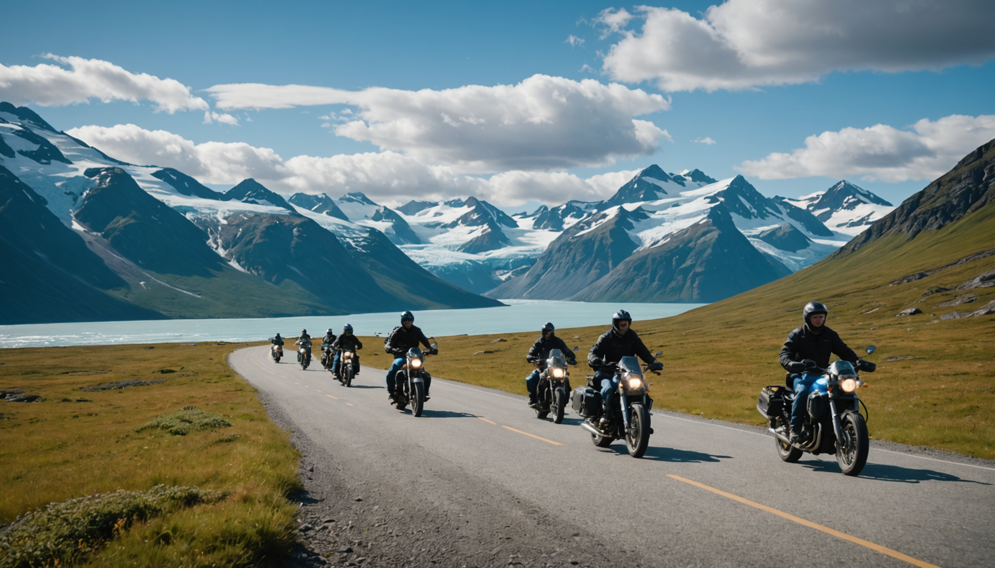 A group of bikers starting their adventure from a helicopter landing near Knik Glacier