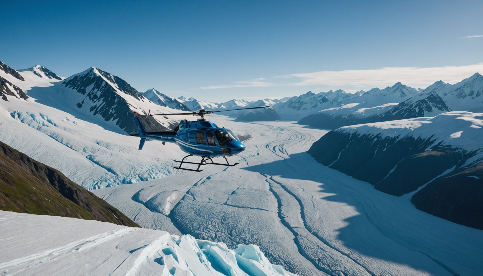 Helicopter flying over Knik Glacier