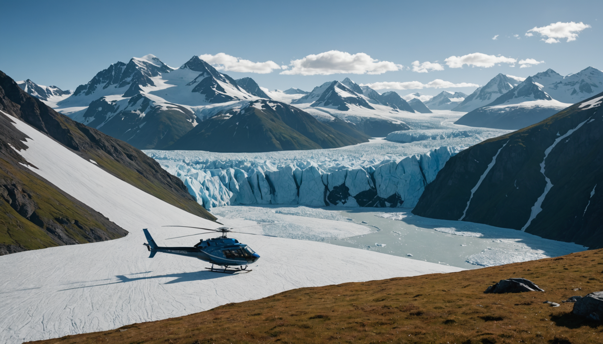 Helicopter landing near an ice cave in the Chugach Mountains