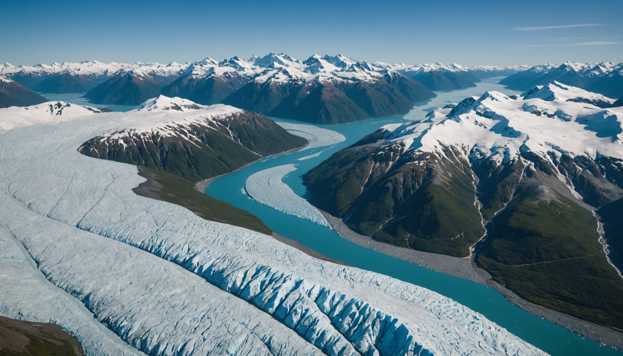 Aerial view of Knik Glacier with a helicopter in the foreground